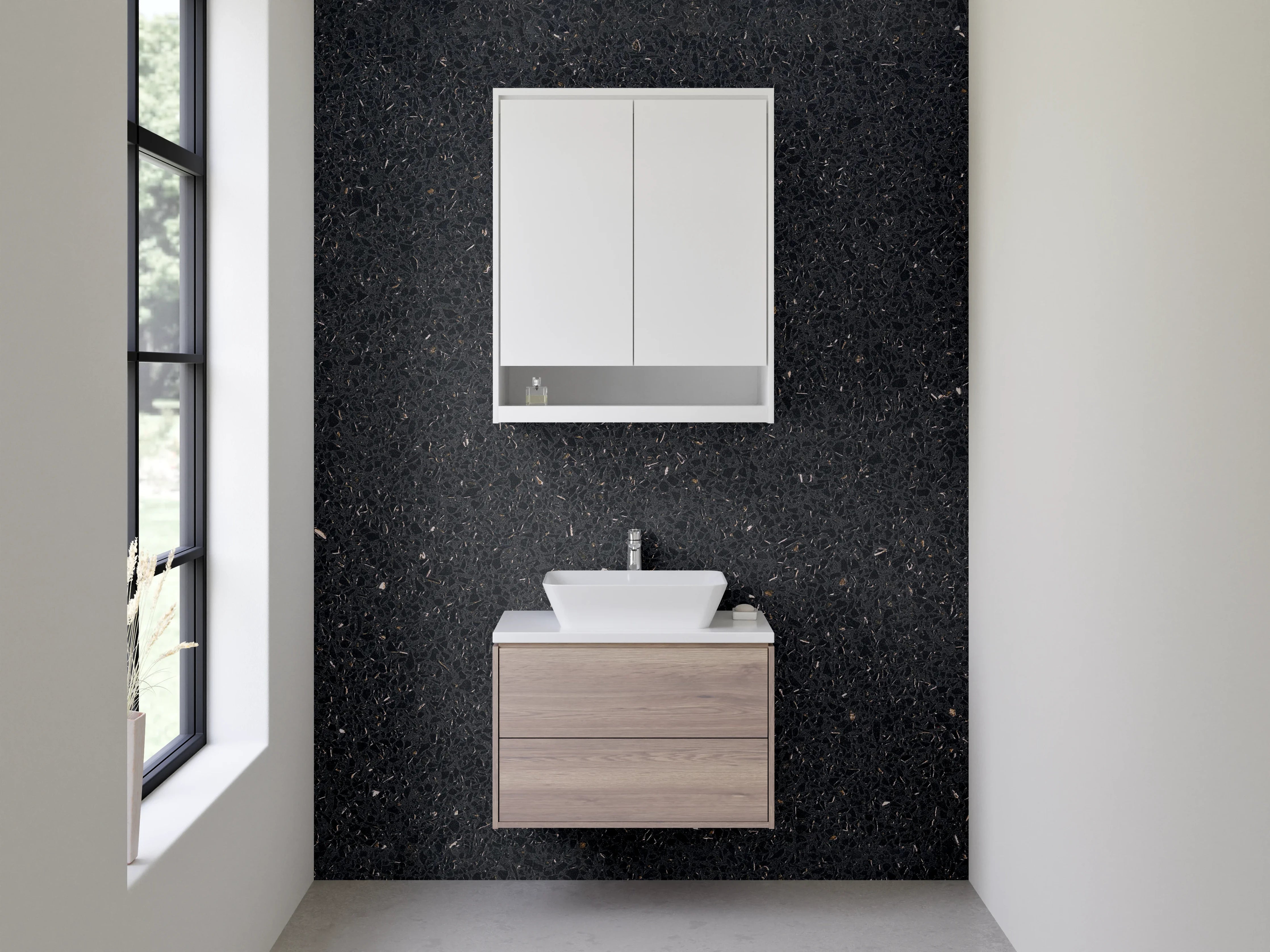 Waschbecken-Rückwand - Schwarzer Granit mit feiner Körnung