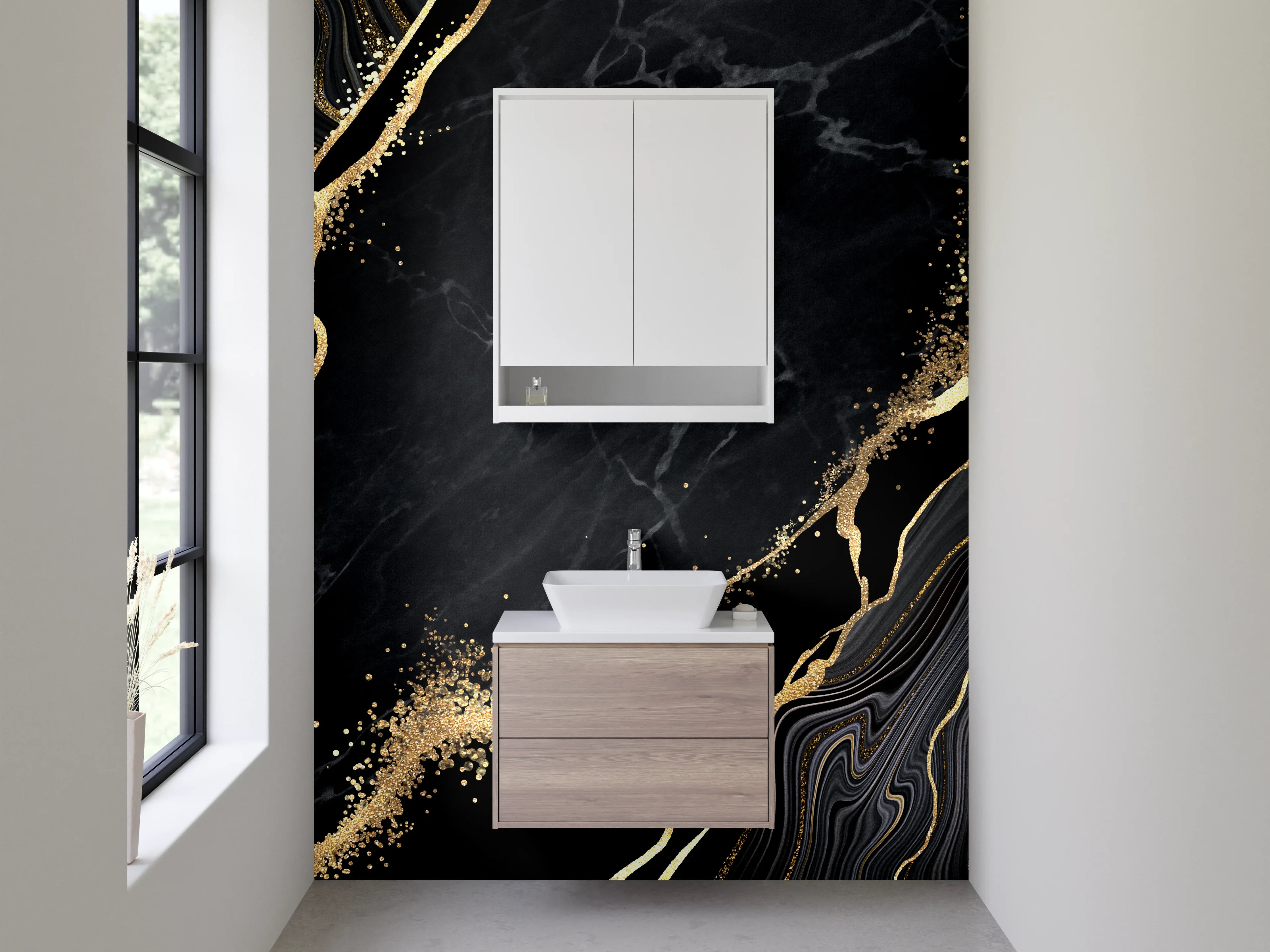 Waschbecken-Rückwand - Schwarzer Marmor Gold Marmorierung Elegant