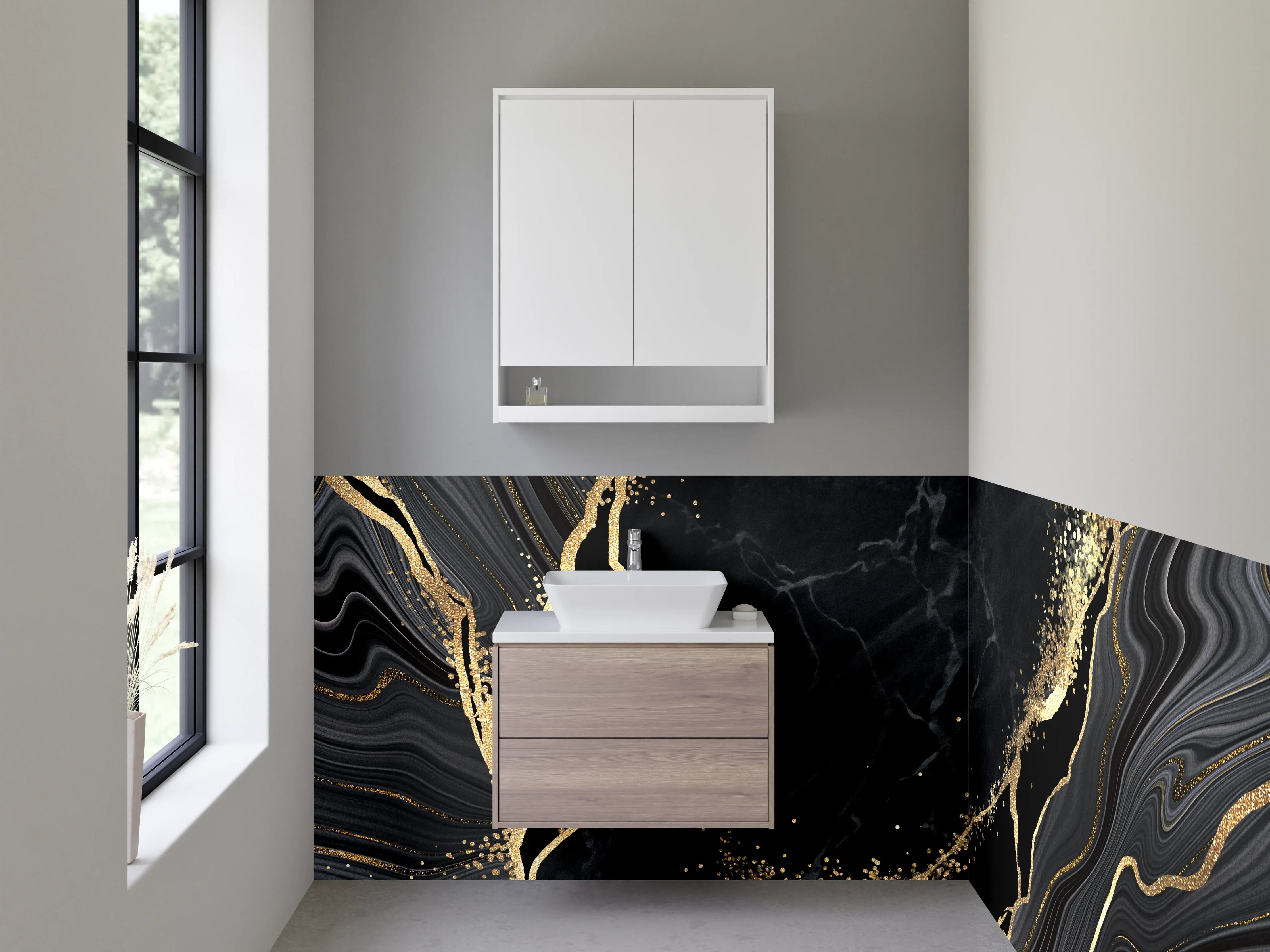 Waschbecken-Rückwand - Schwarzer Marmor Gold Marmorierung Elegant