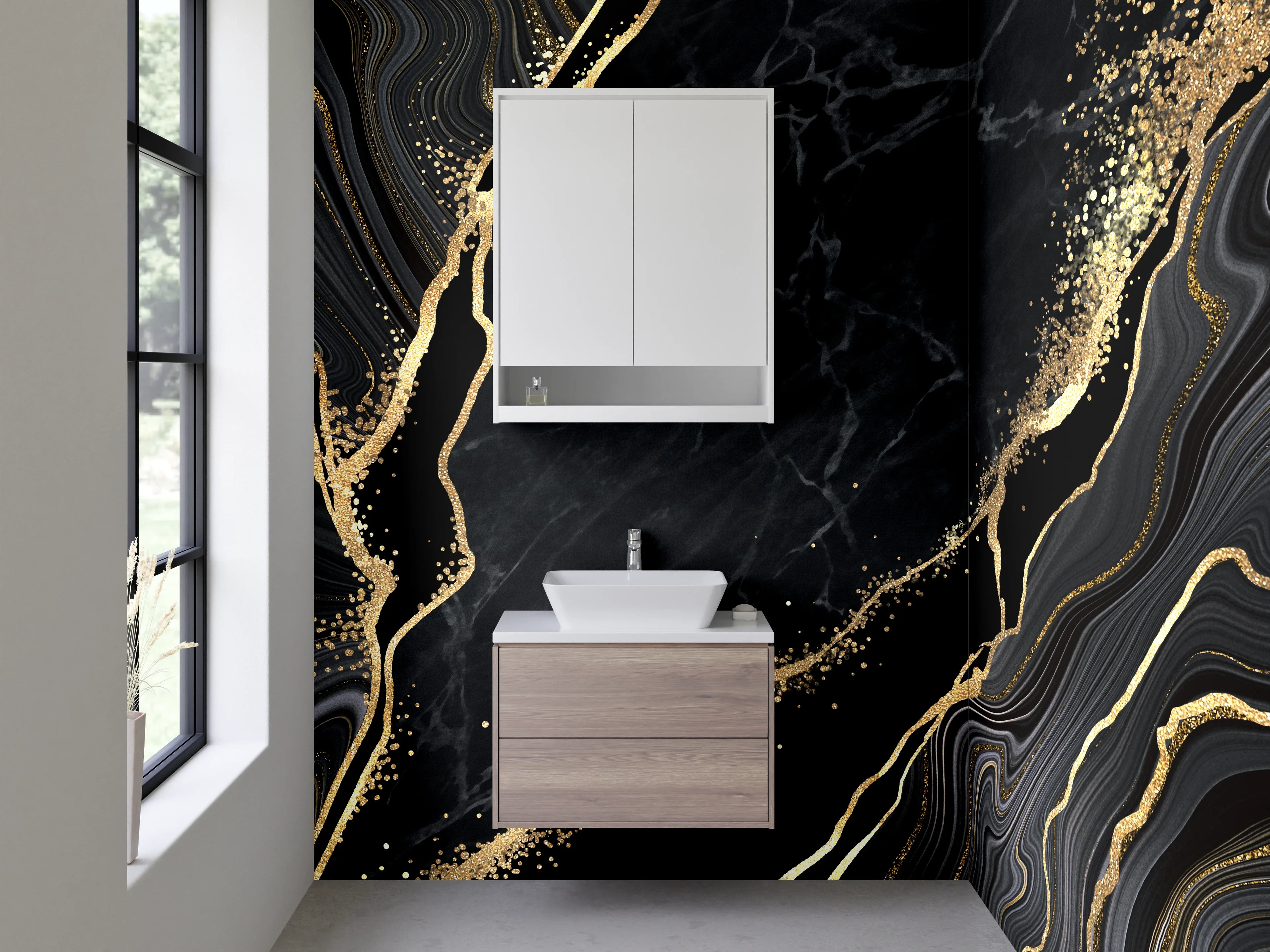Waschbecken-Rückwand - Schwarzer Marmor Gold Marmorierung Elegant
