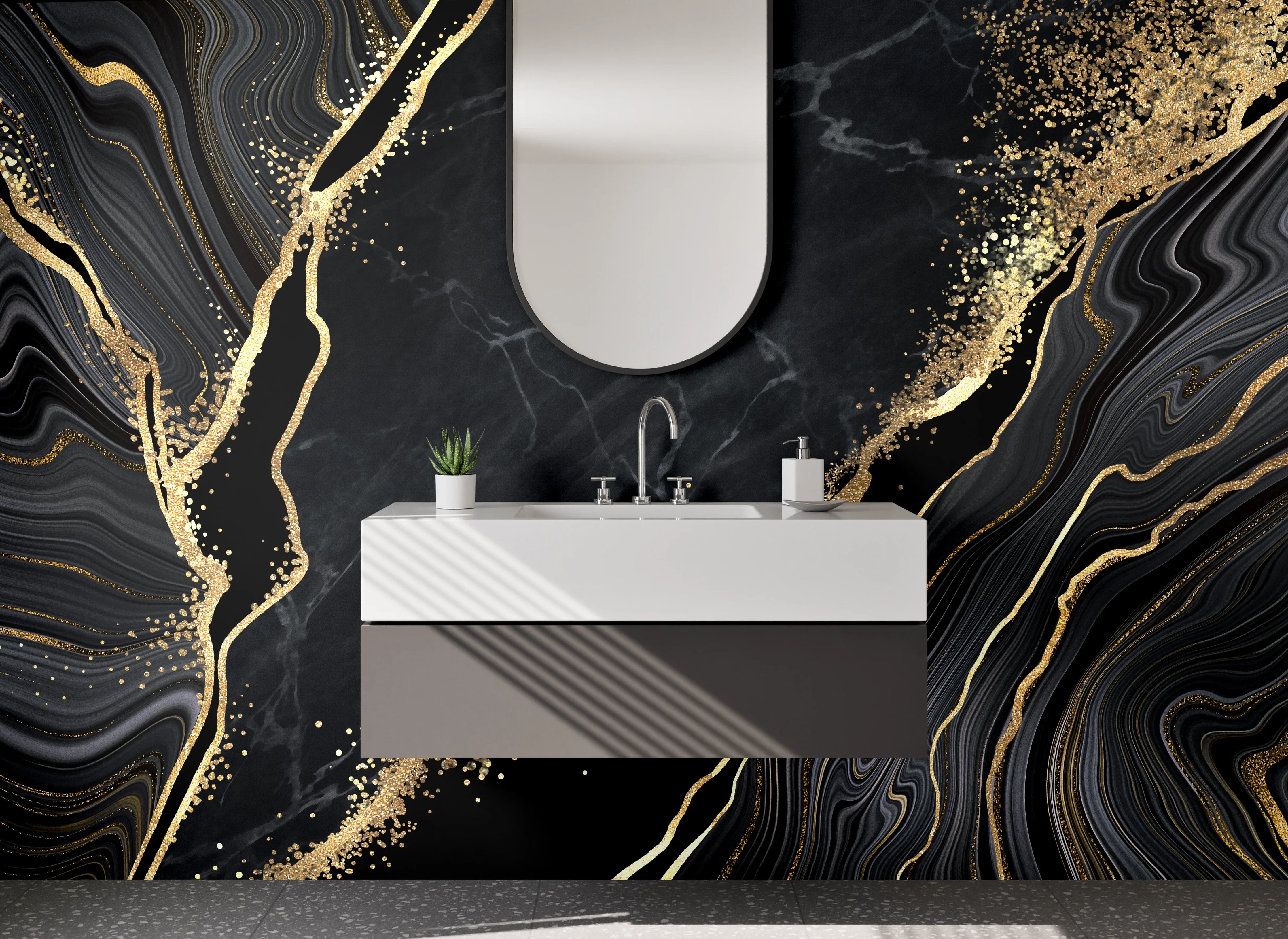 Waschbecken-Rückwand - Schwarzer Marmor Gold Marmorierung Elegant