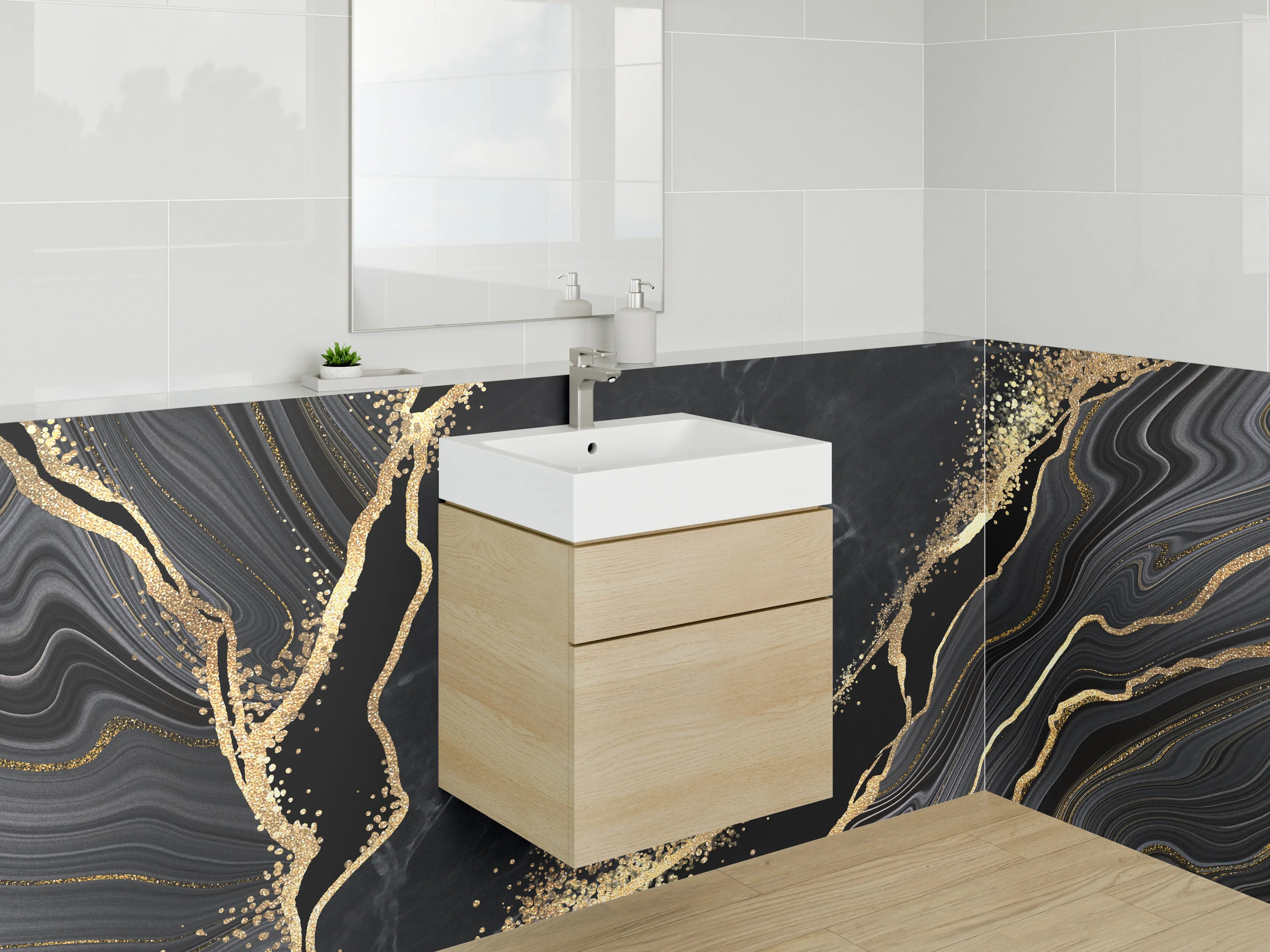 Waschbecken-Rückwand - Schwarzer Marmor Gold Marmorierung Elegant