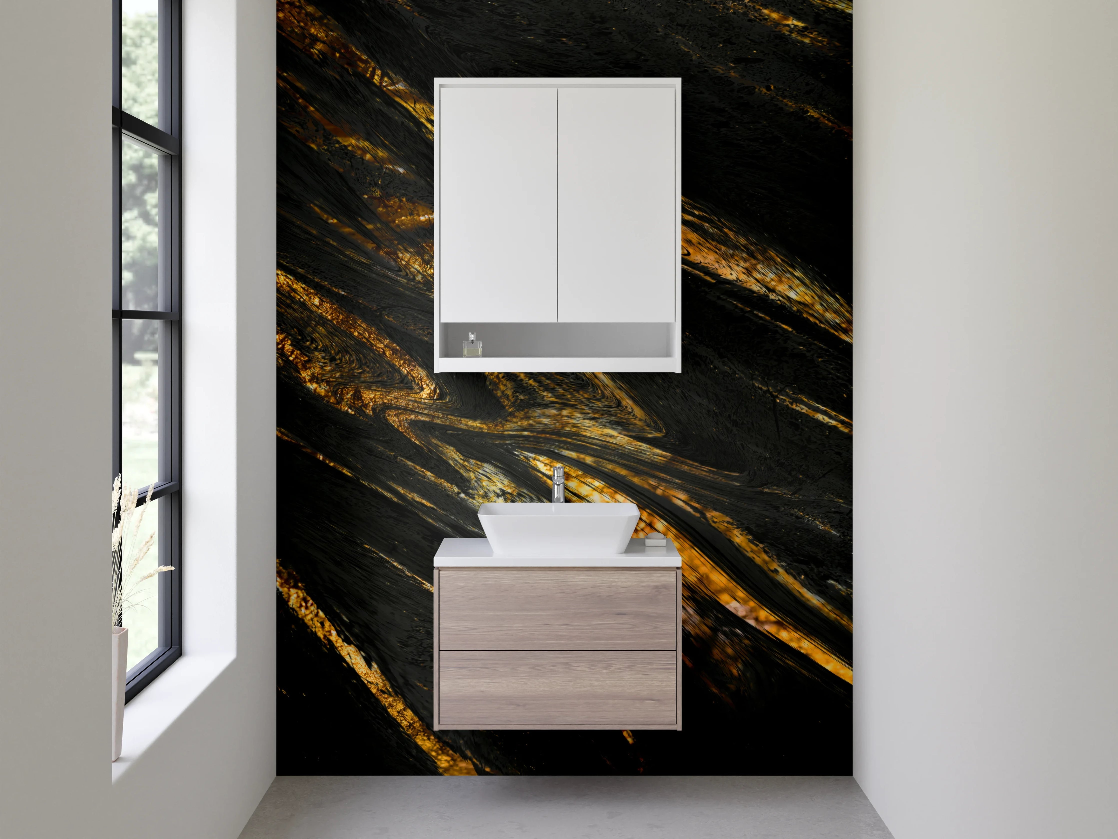 Waschbecken-Rückwand - Schwarzer Marmorlook mit Goldadern
