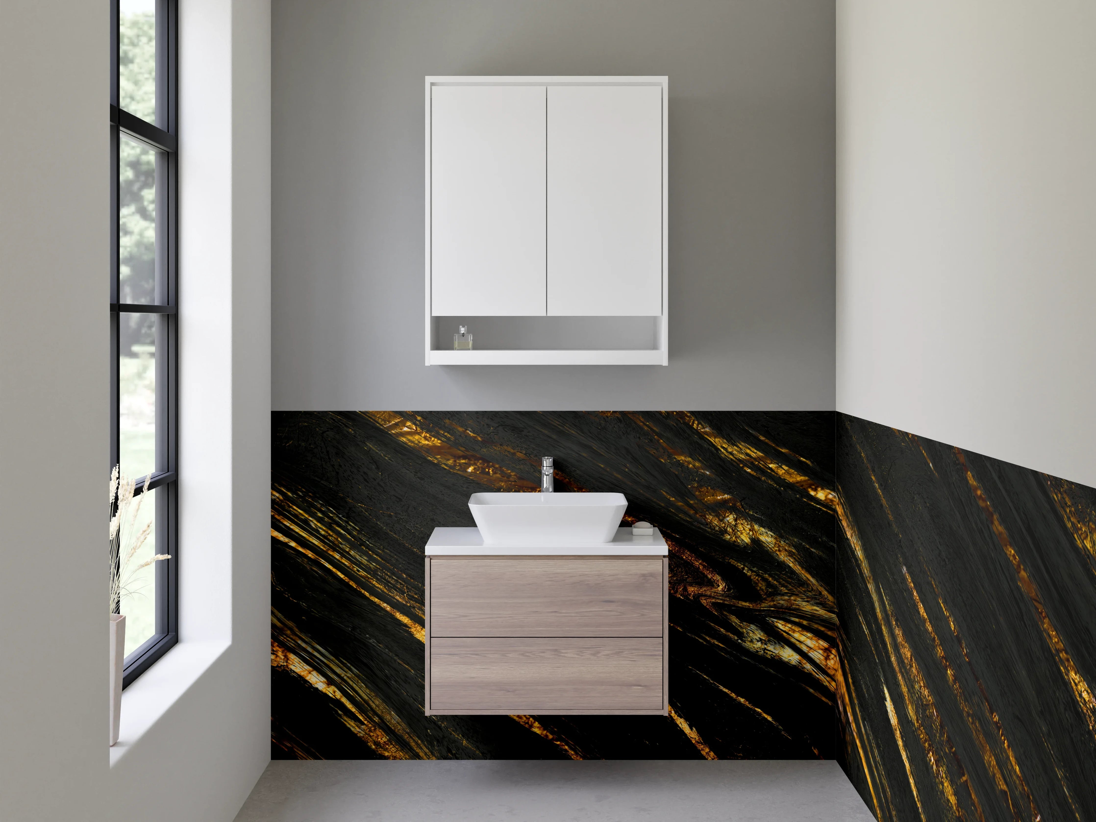 Waschbecken-Rückwand - Schwarzer Marmorlook mit Goldadern