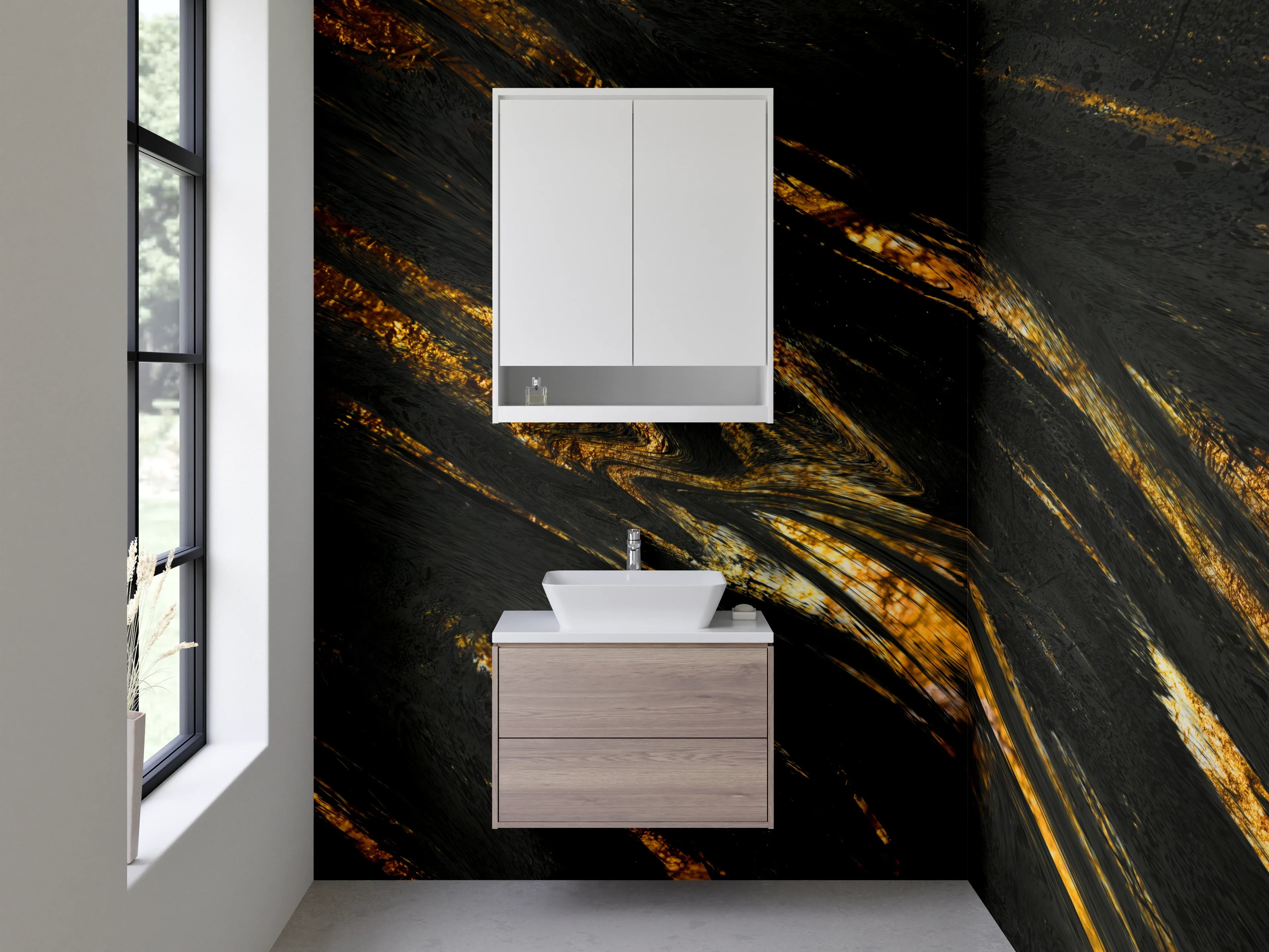 Waschbecken-Rückwand - Schwarzer Marmorlook mit Goldadern