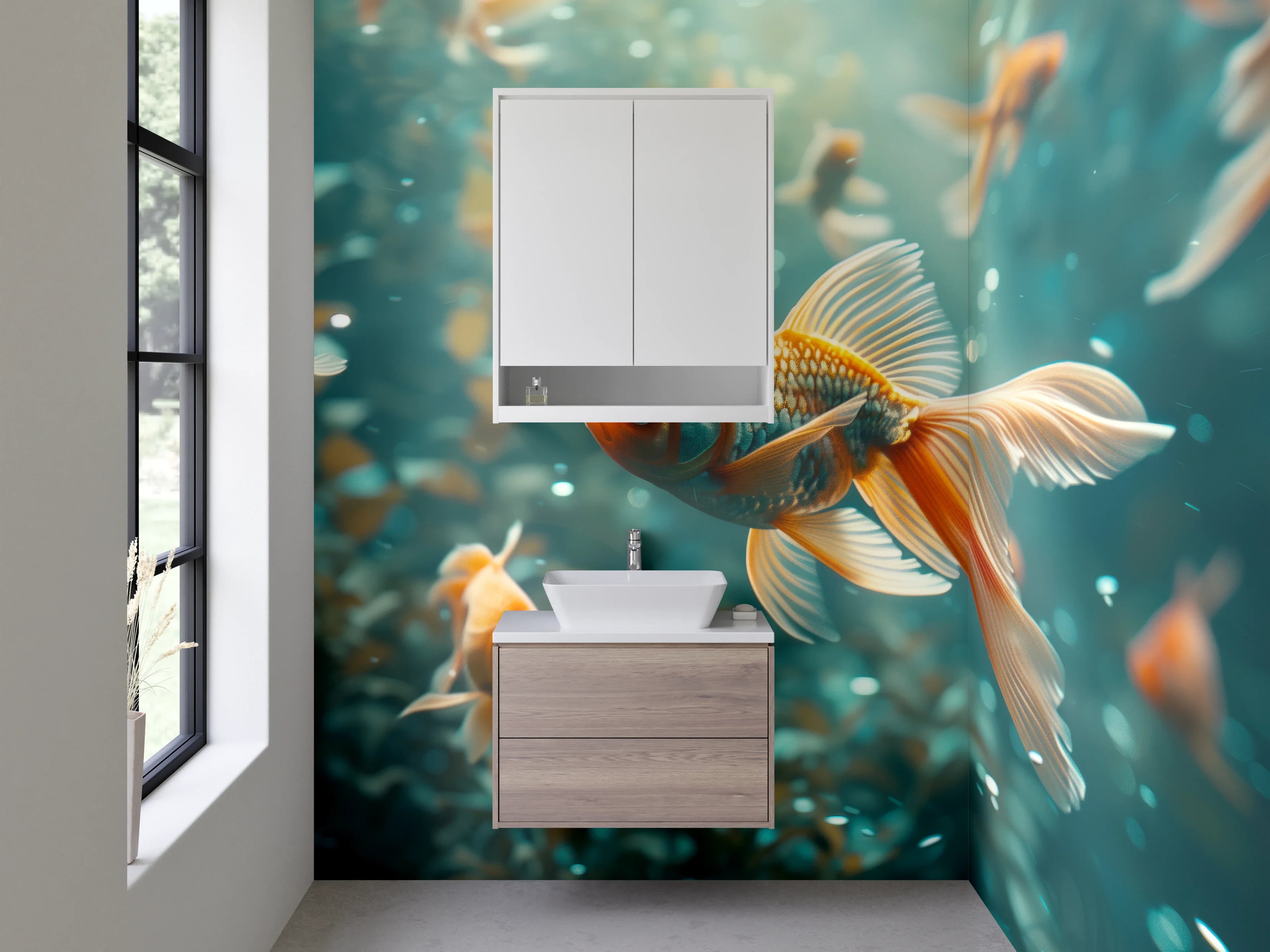 Waschbecken-Rückwand - Schwimmende Goldfische im Wasser