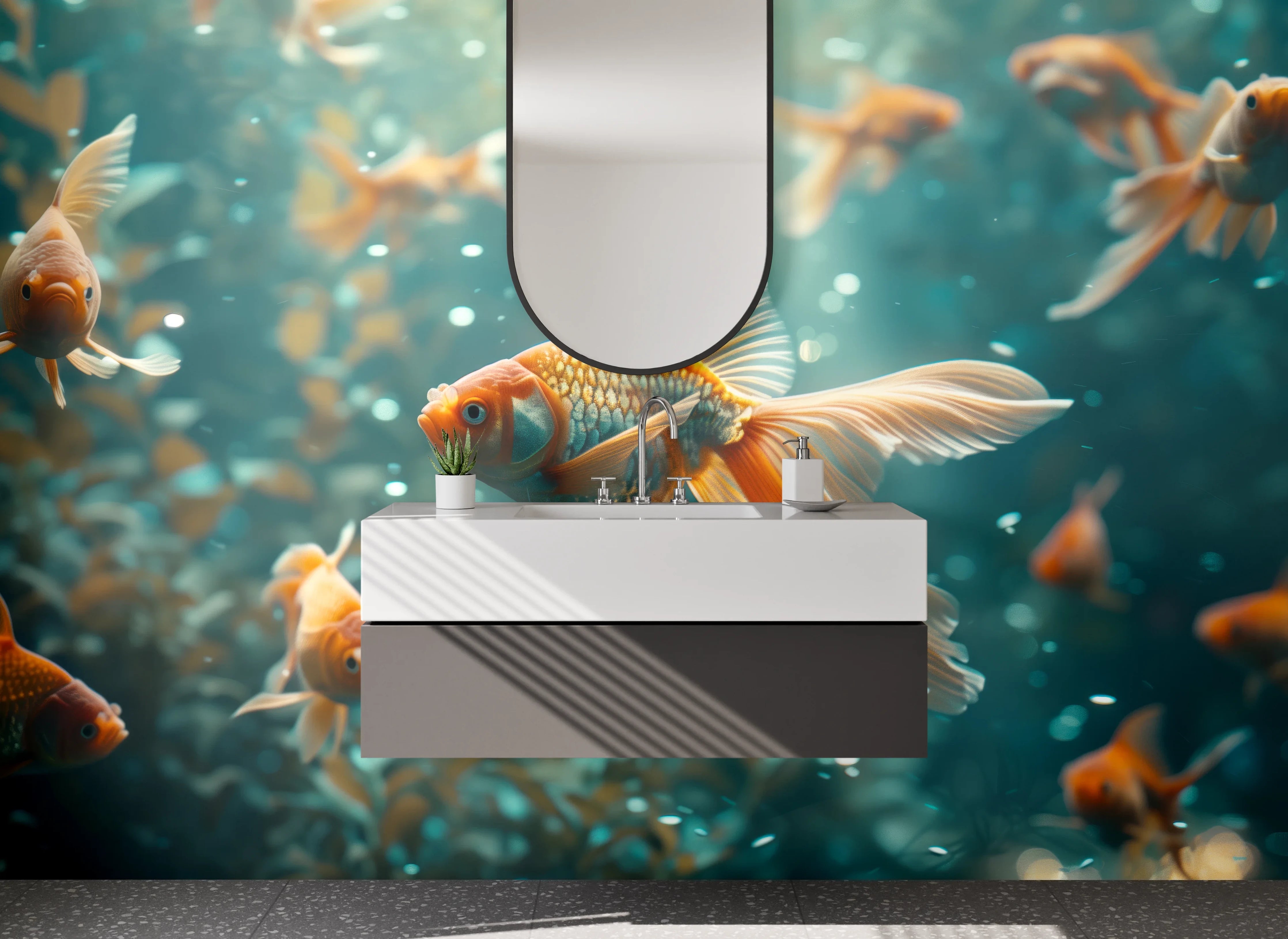 Waschbecken-Rückwand - Schwimmende Goldfische im Wasser