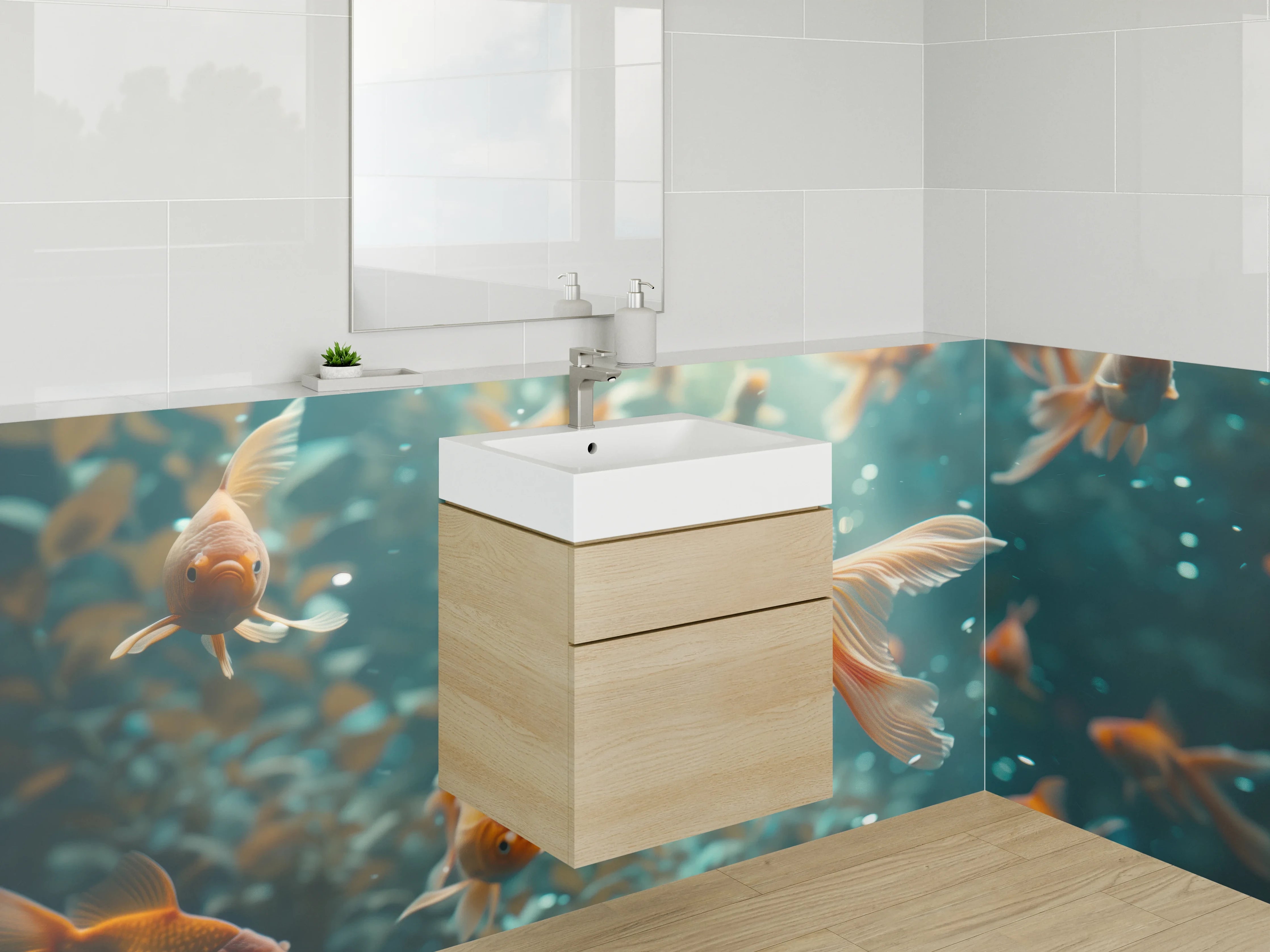 Waschbecken-Rückwand - Schwimmende Goldfische im Wasser