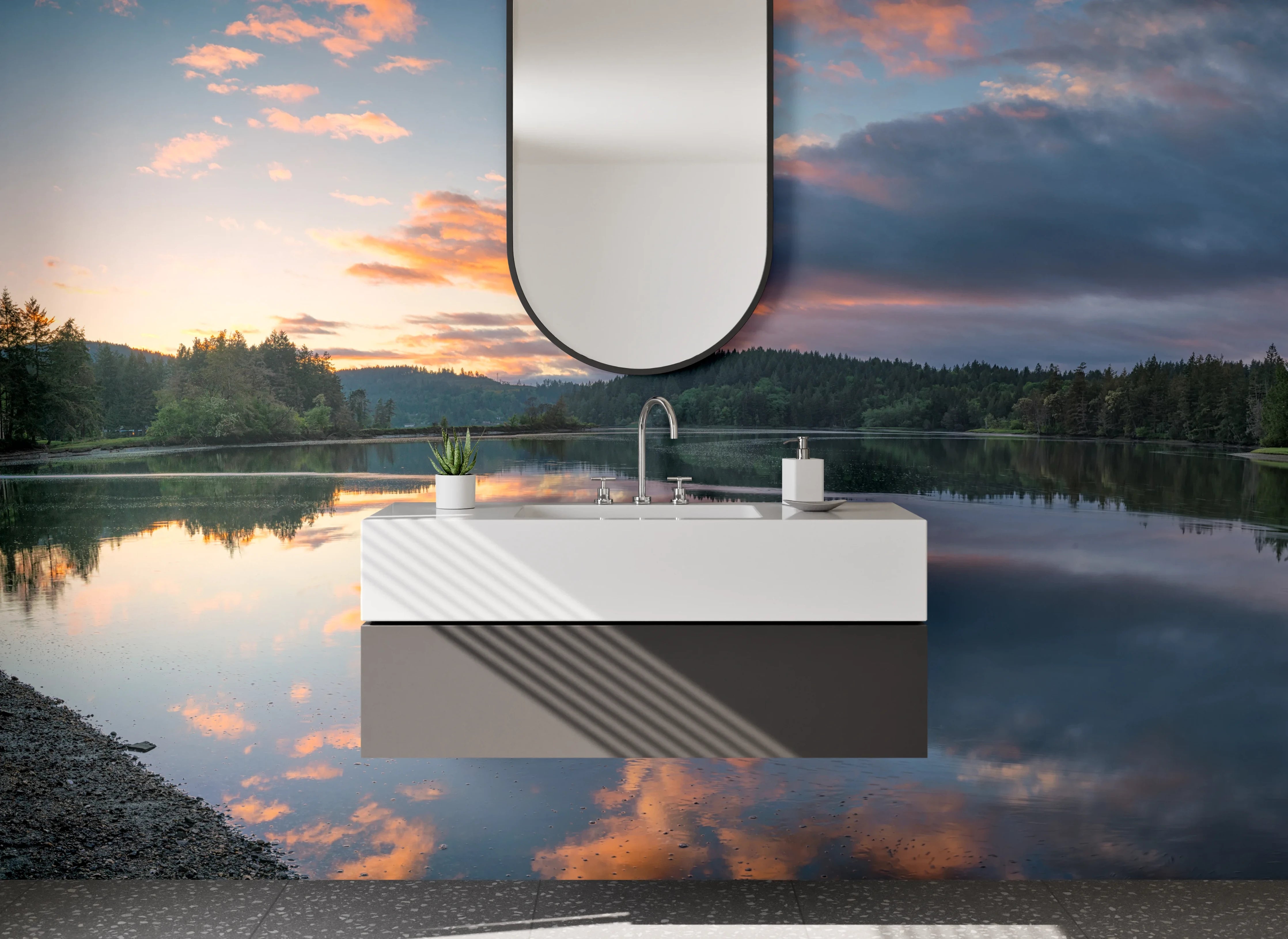 Waschbecken-Rückwand - See im Sonnenuntergang Panorama