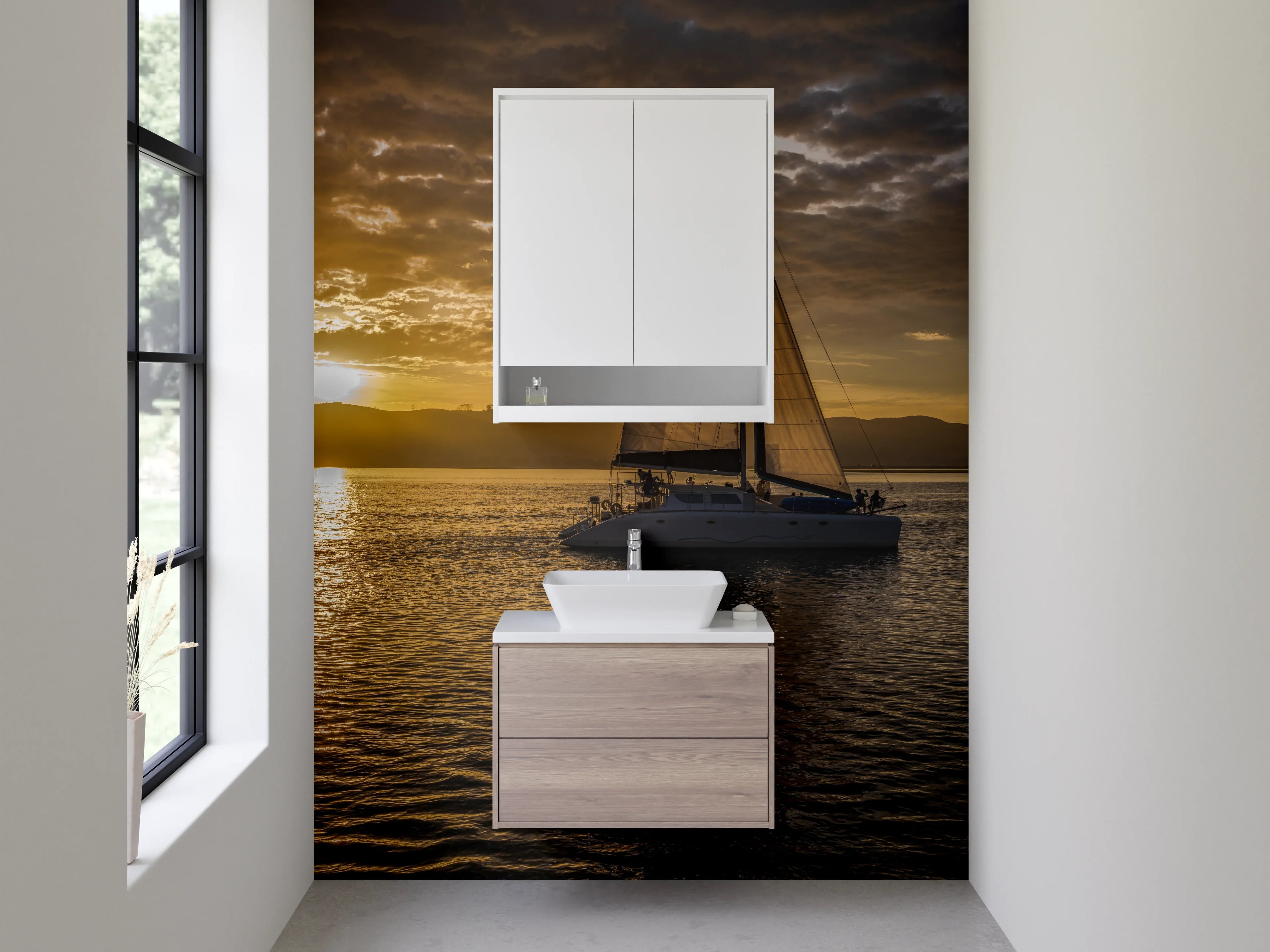 Waschbecken-Rückwand - Segelboot bei Sonnenuntergang auf See