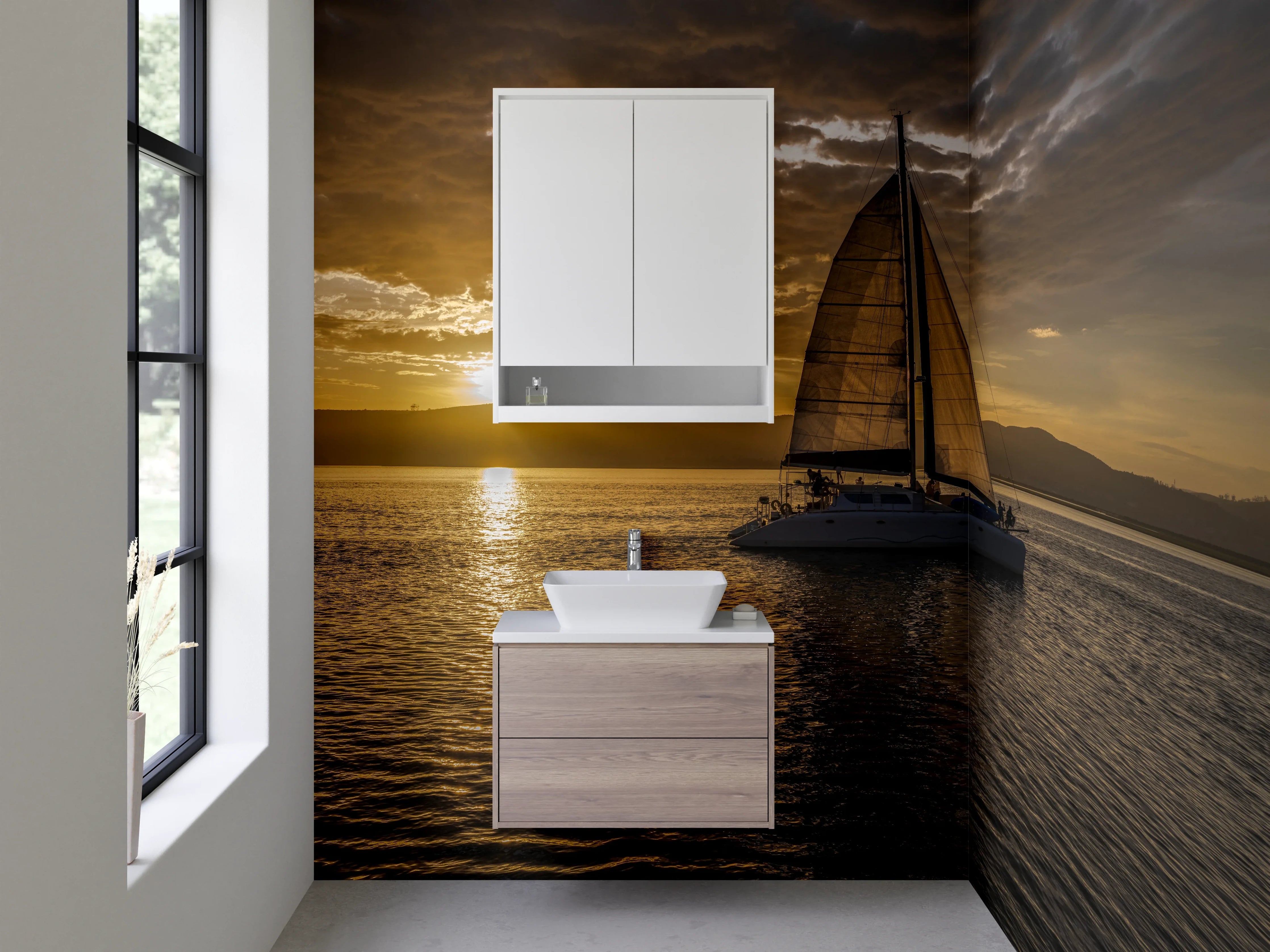 Waschbecken-Rückwand - Segelboot bei Sonnenuntergang auf See