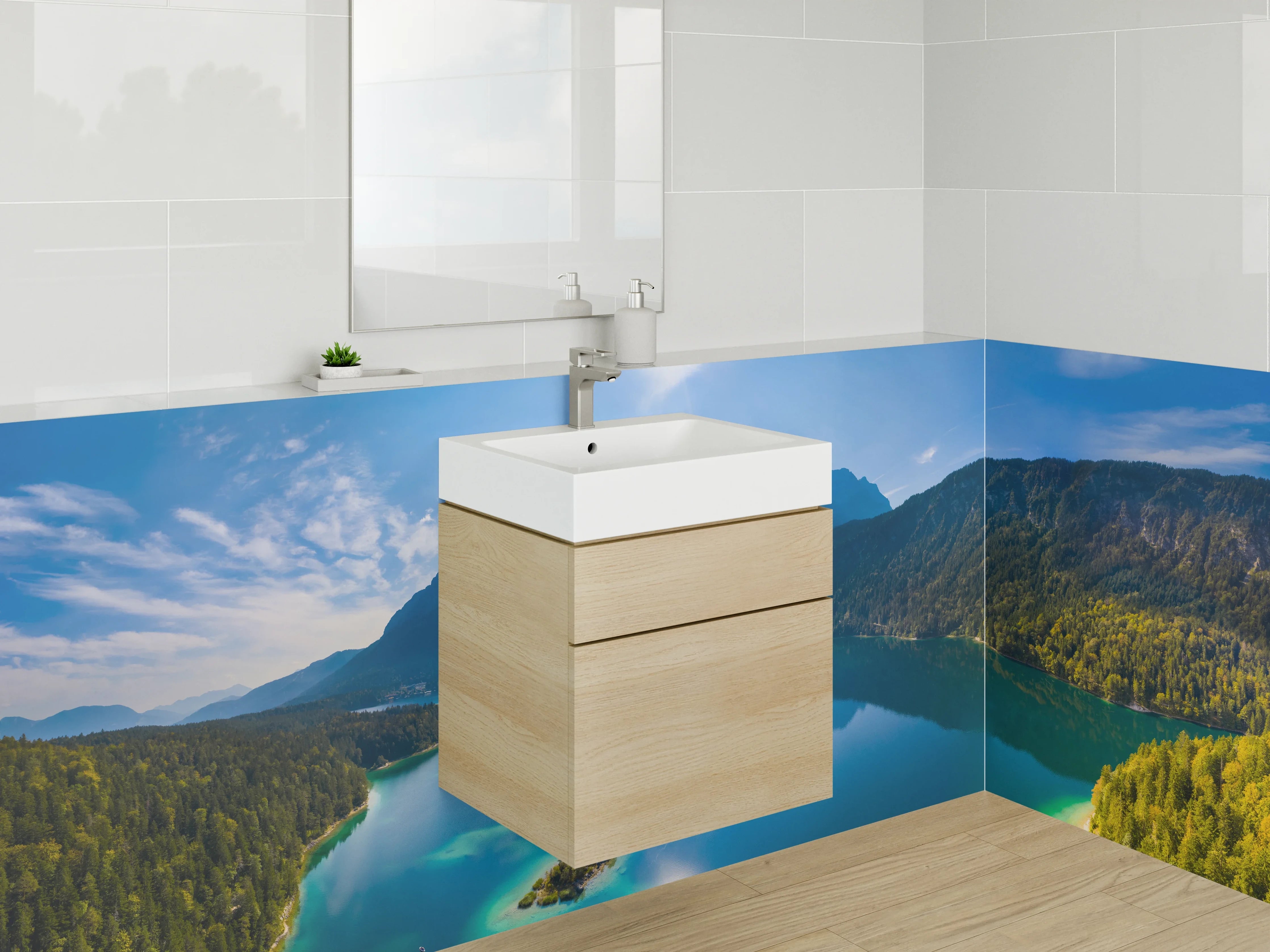 Waschbecken-Rückwand - Silbergraue Stille am Gebirgssee