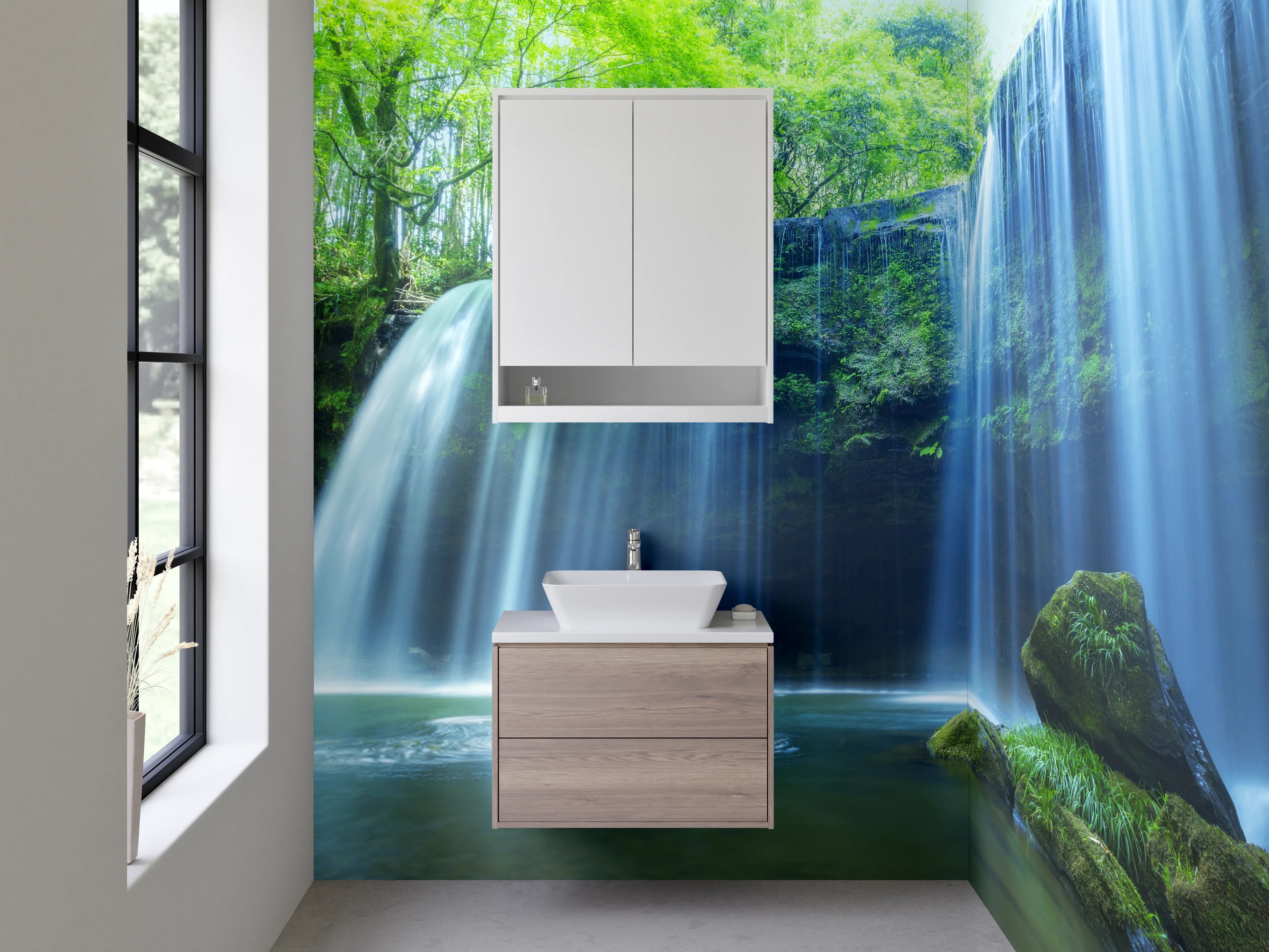 Waschbecken-Rückwand - Silbergrauer Wasserfall zwischen Moosgrün