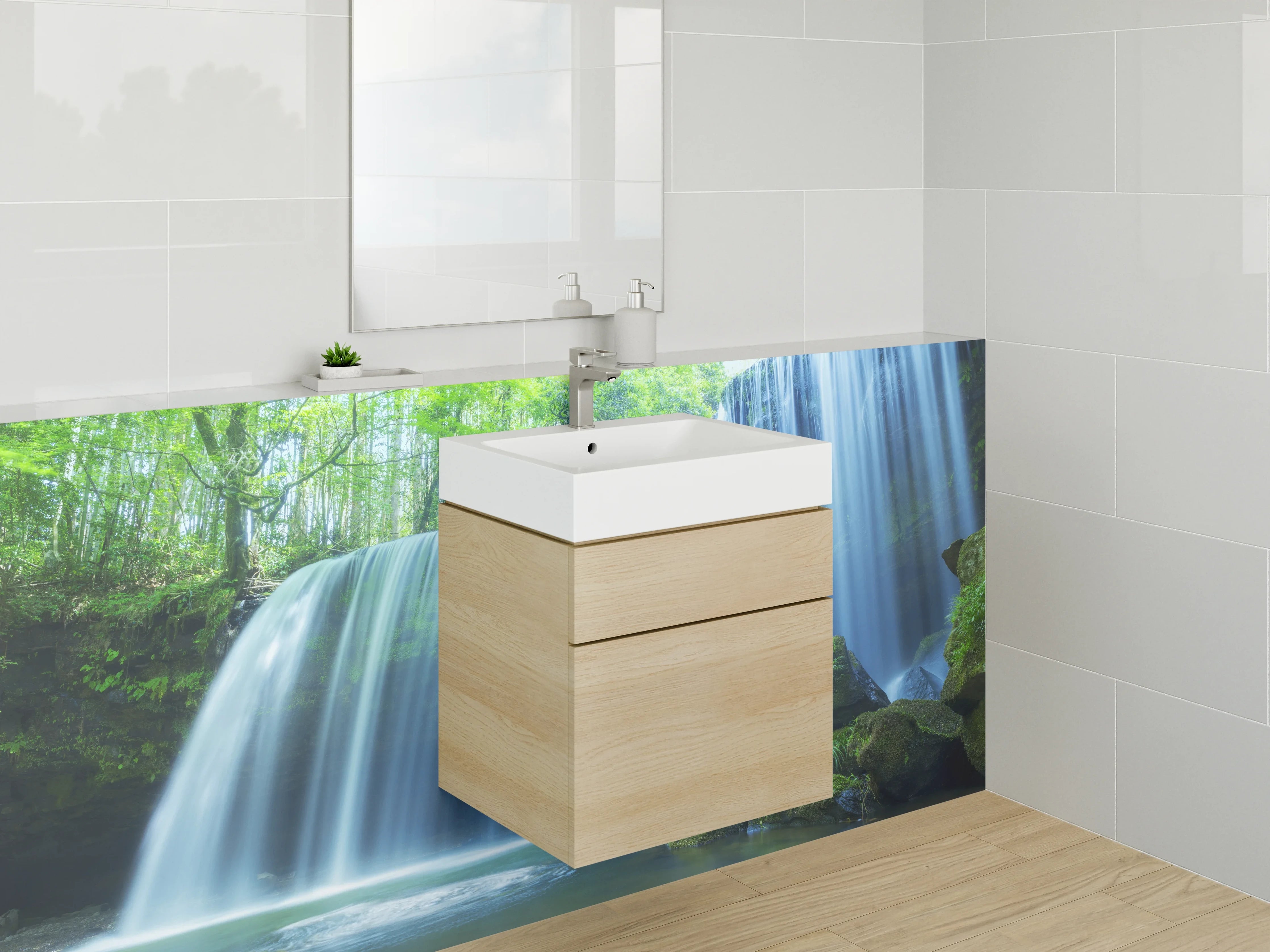 Waschbecken-Rückwand - Silbergrauer Wasserfall zwischen Moosgrün