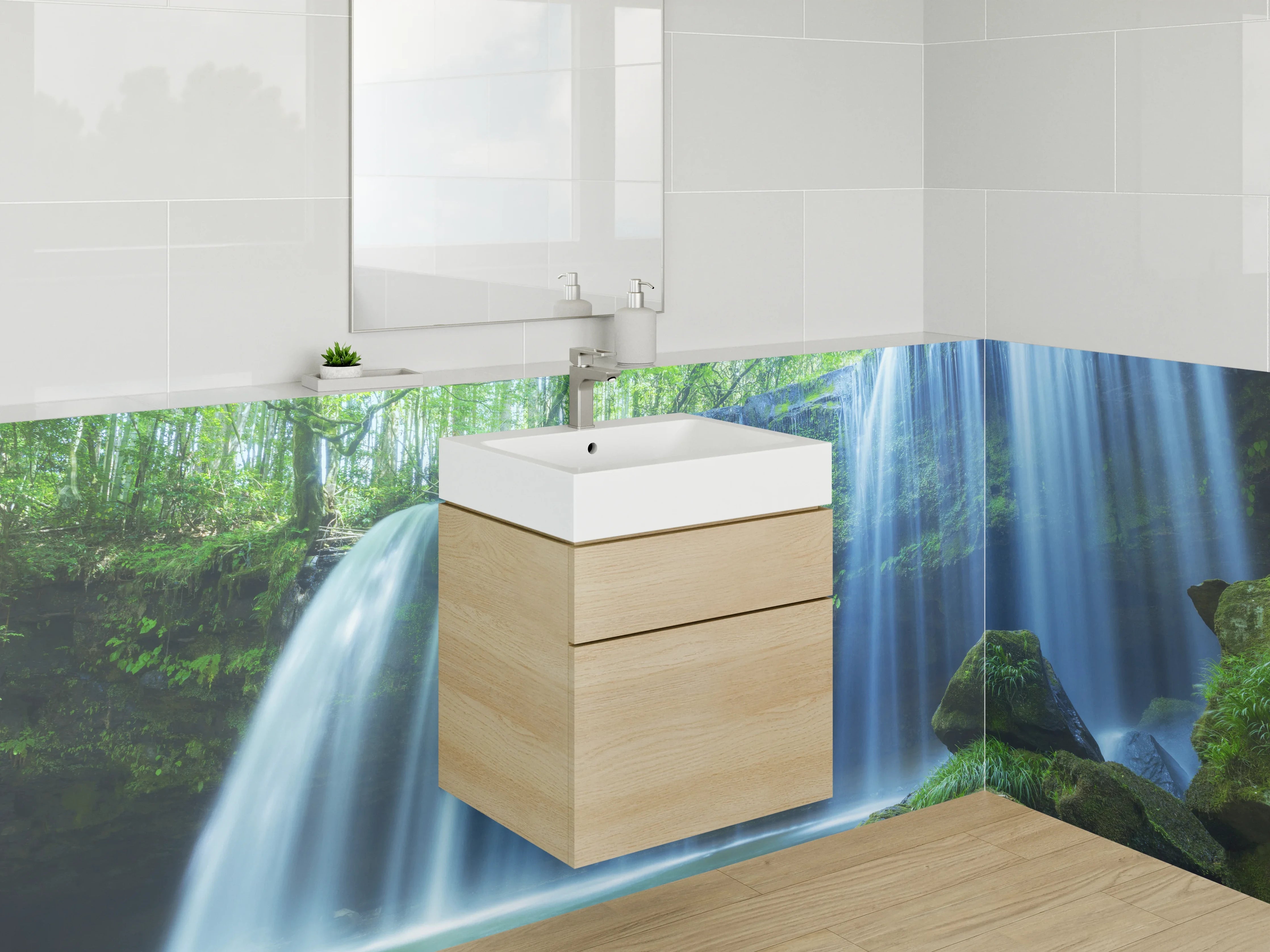 Waschbecken-Rückwand - Silbergrauer Wasserfall zwischen Moosgrün