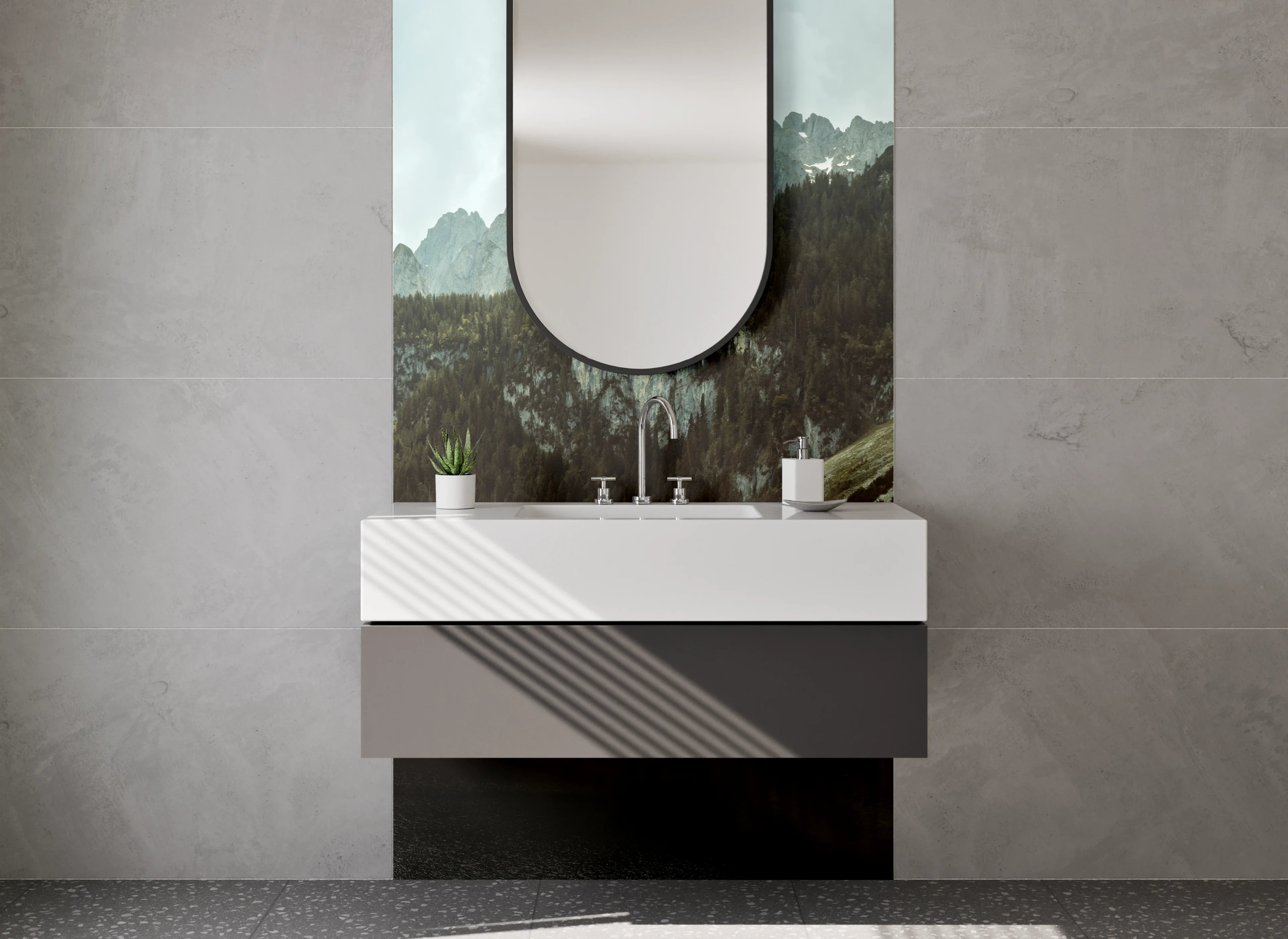 Waschbecken-Rückwand - Silberne Berge und Nebelwald