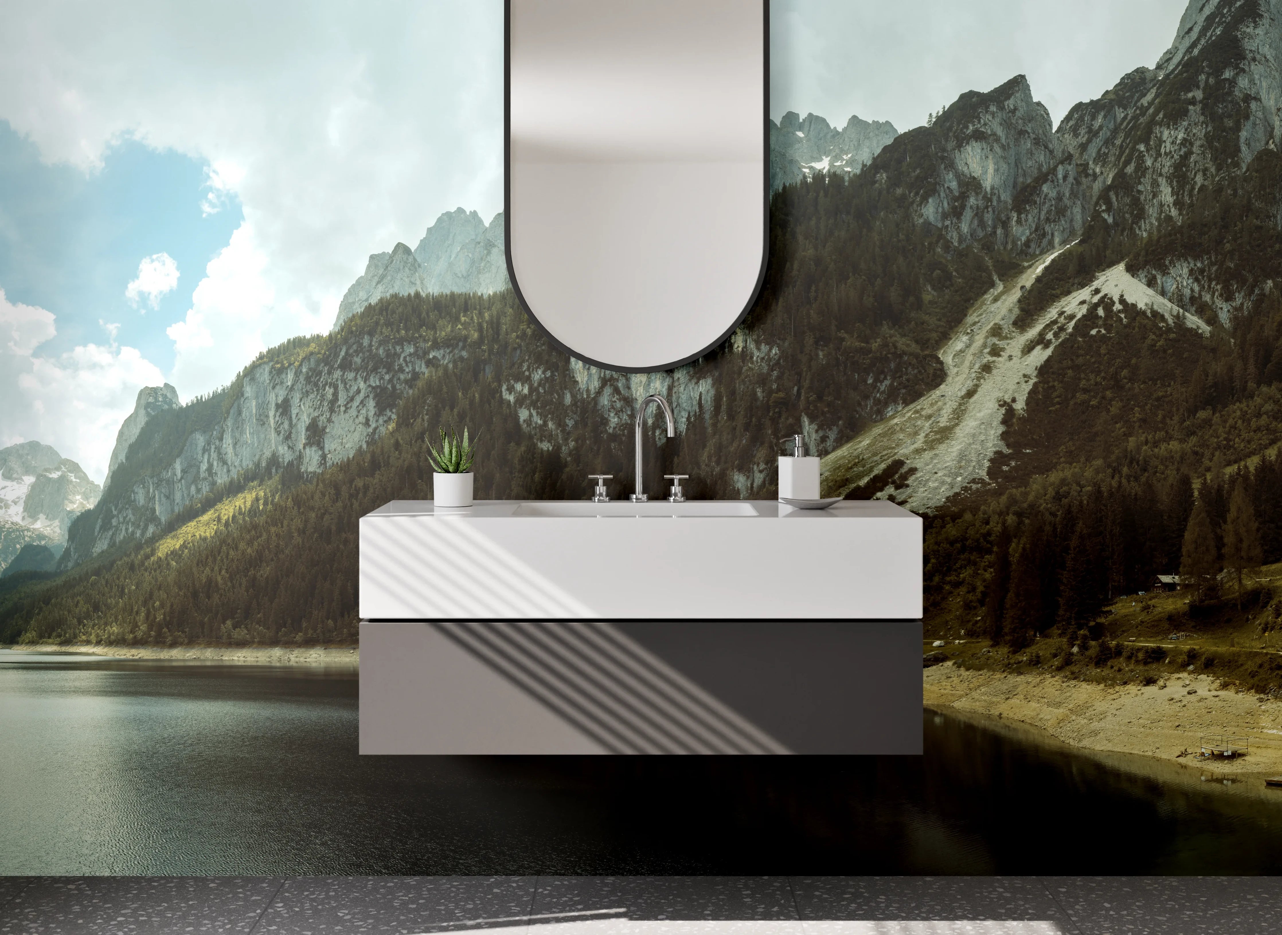 Waschbecken-Rückwand - Silberne Berge und Nebelwald