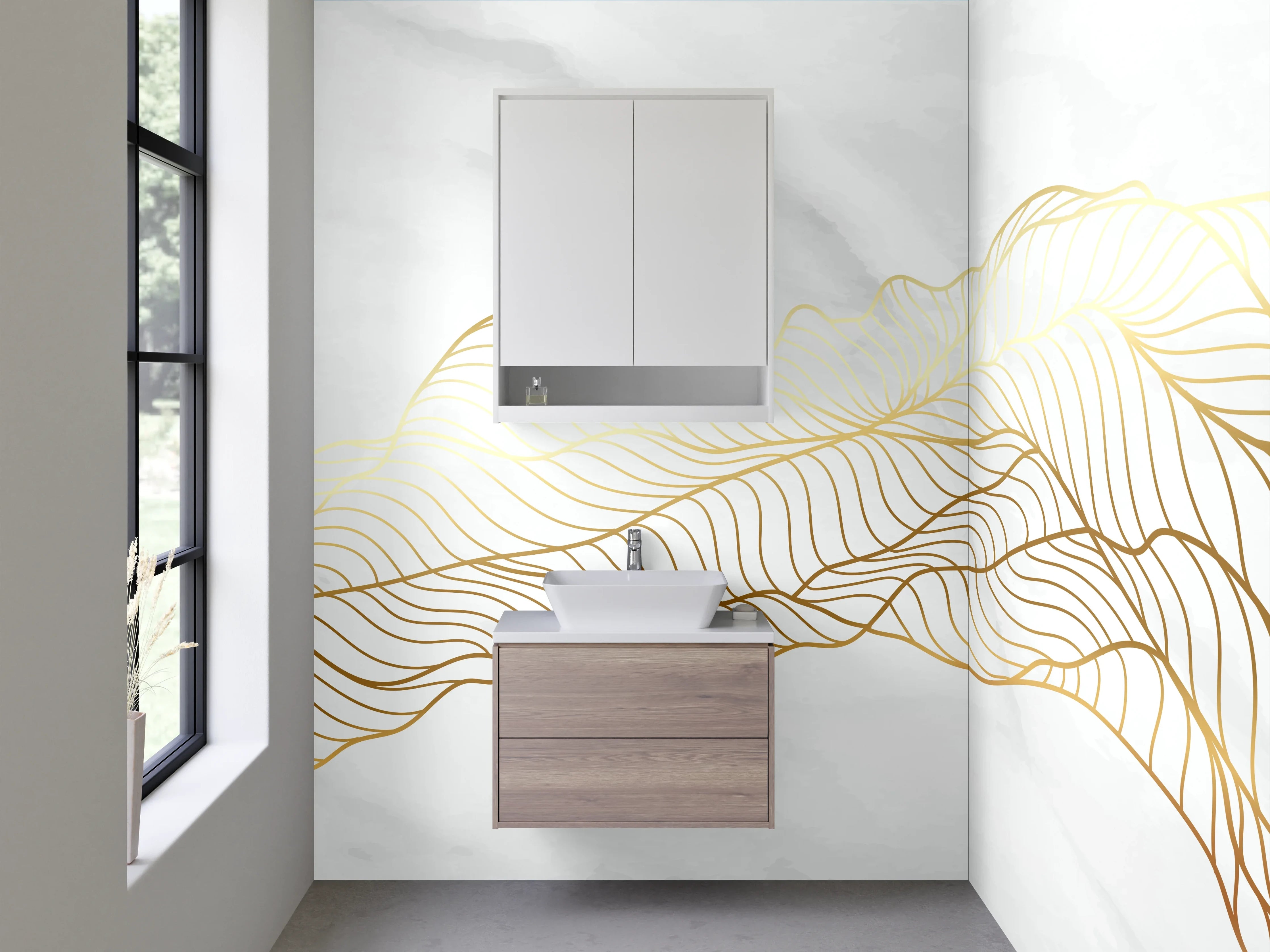 Waschbecken-Rückwand - Silberne Konturen auf hellem Grund