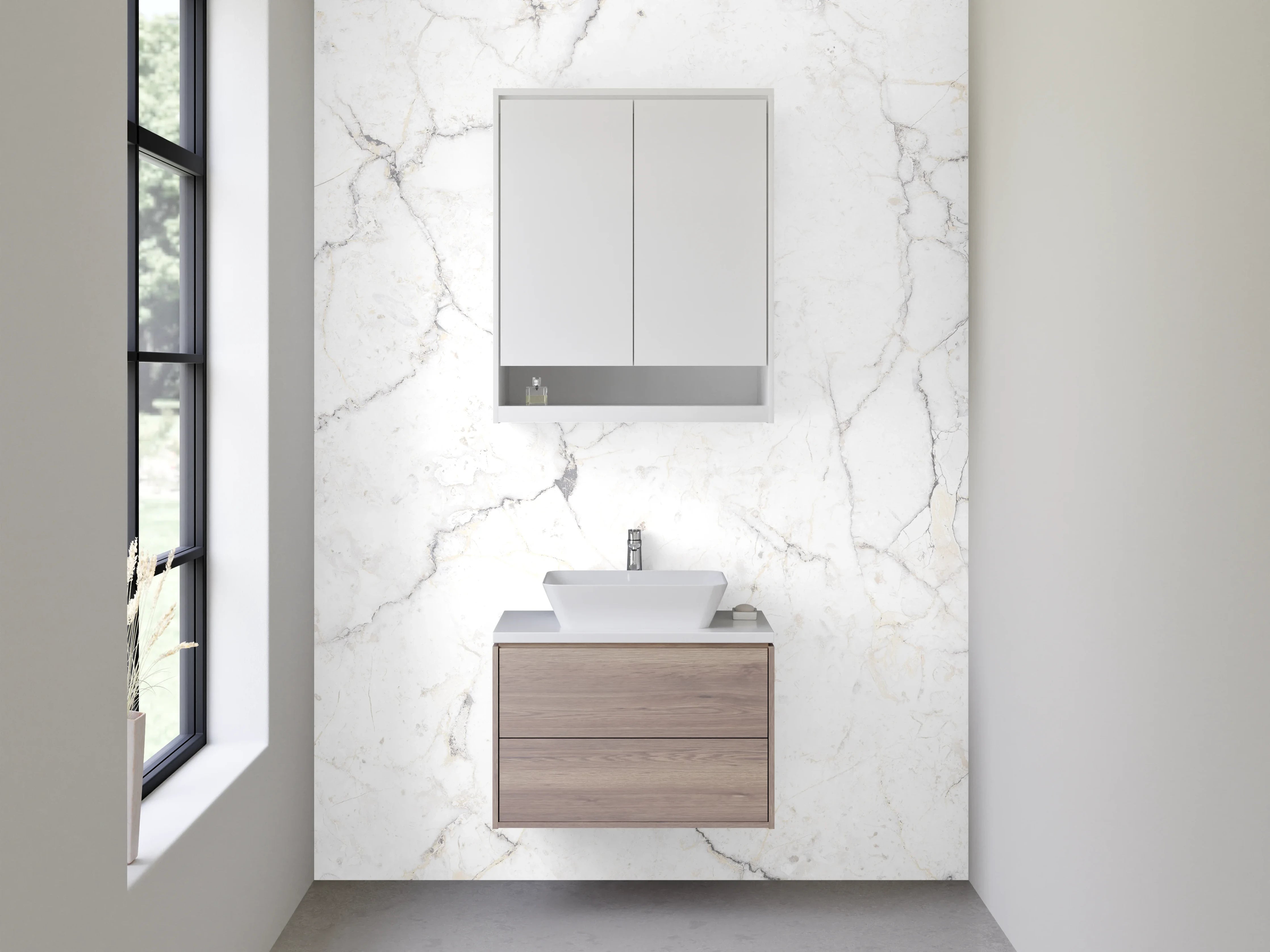 Waschbecken-Rückwand - Silberne Marmoradern in Elfenbein