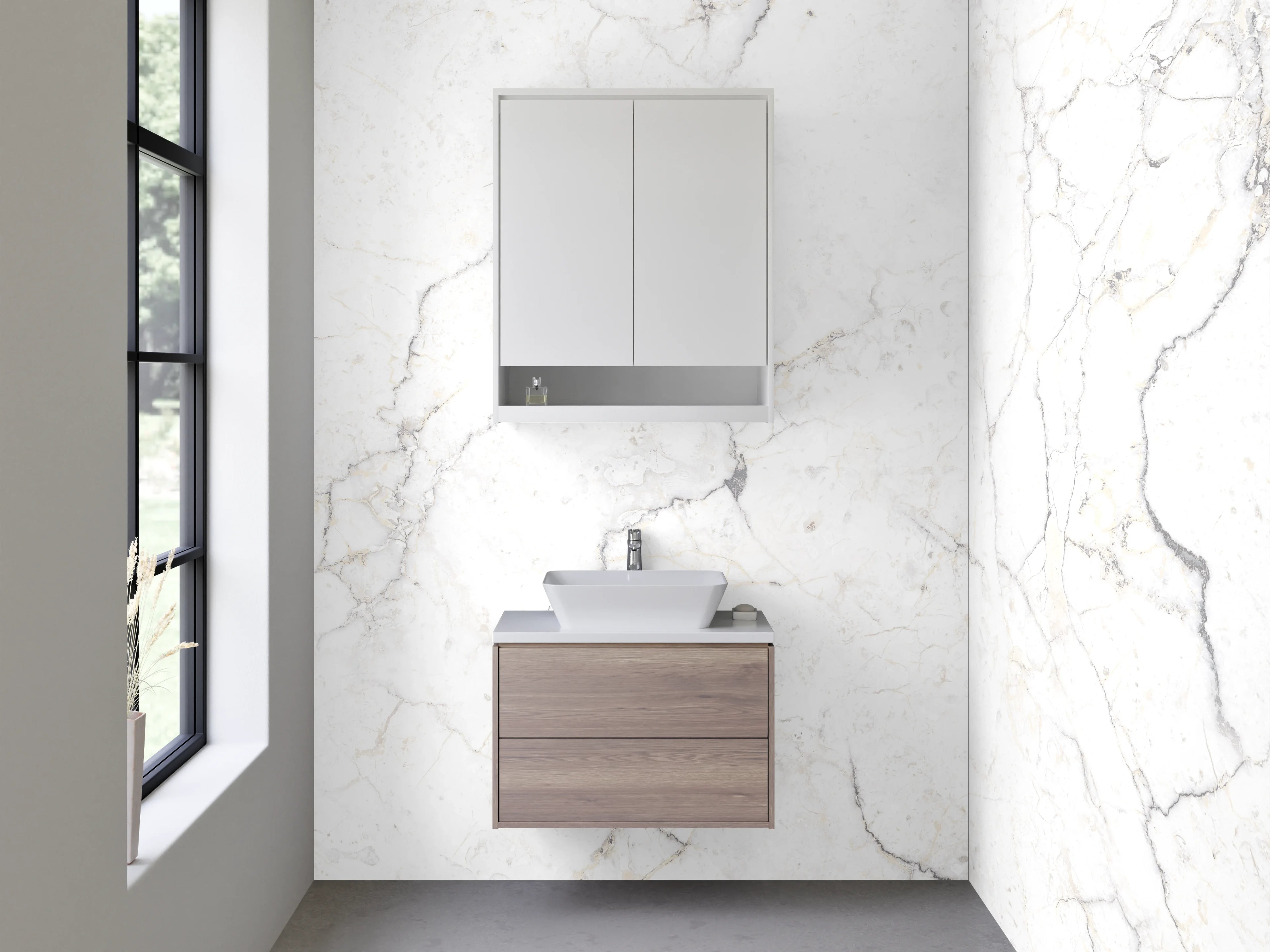 Waschbecken-Rückwand - Silberne Marmoradern in Elfenbein