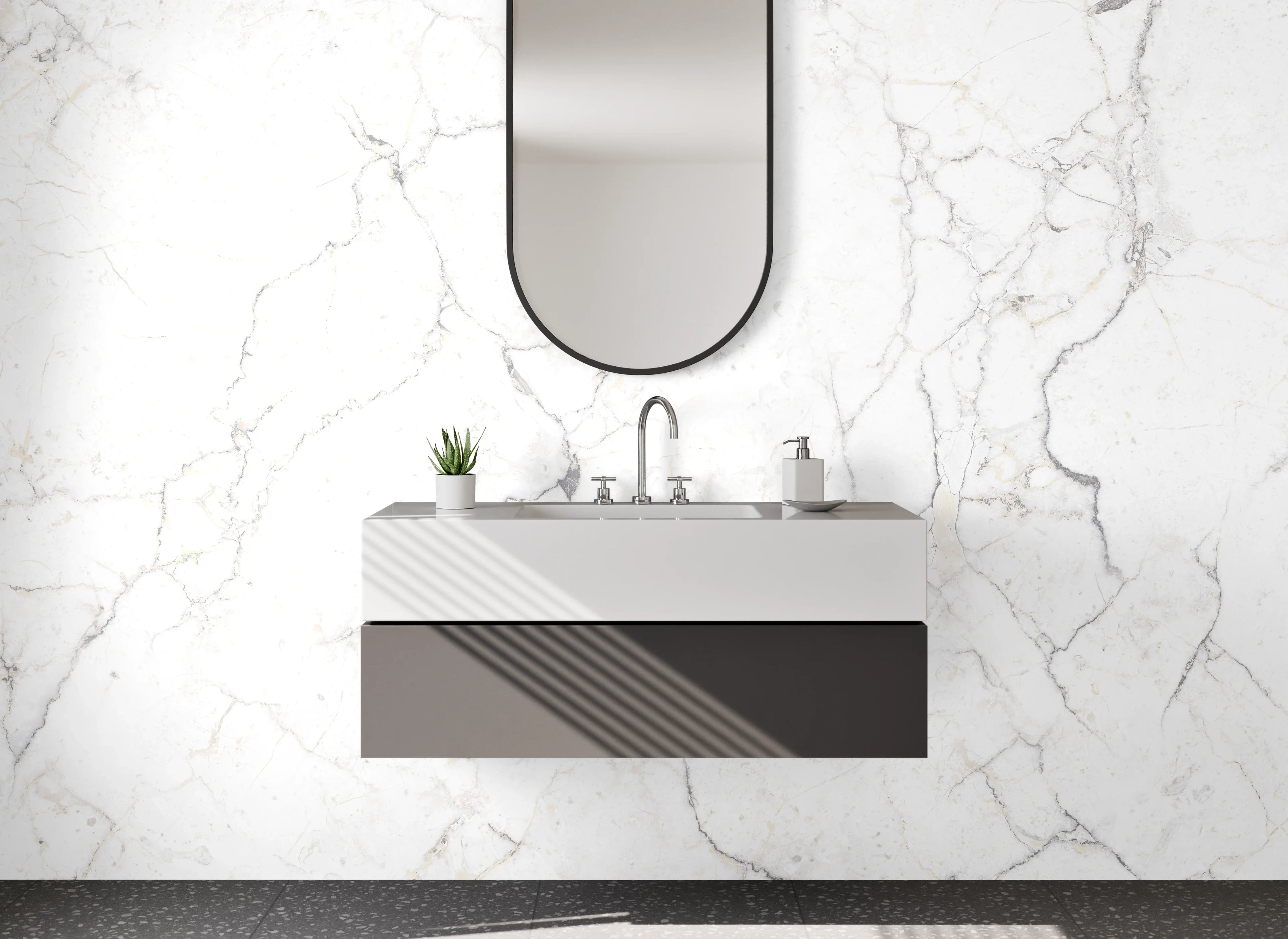 Waschbecken-Rückwand - Silberne Marmoradern in Elfenbein