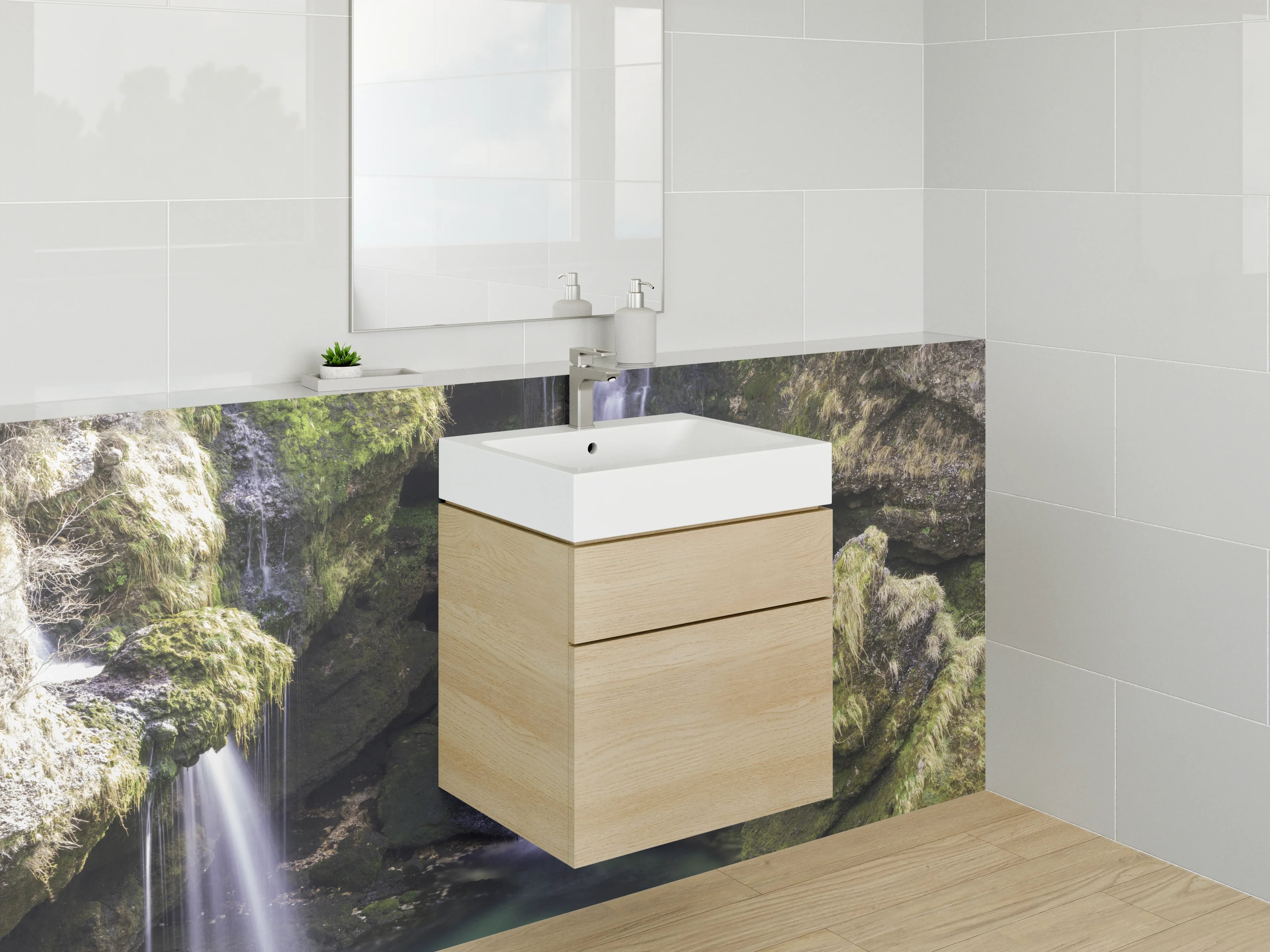 Waschbecken-Rückwand - Silberne Wasserflut im Nebelwald