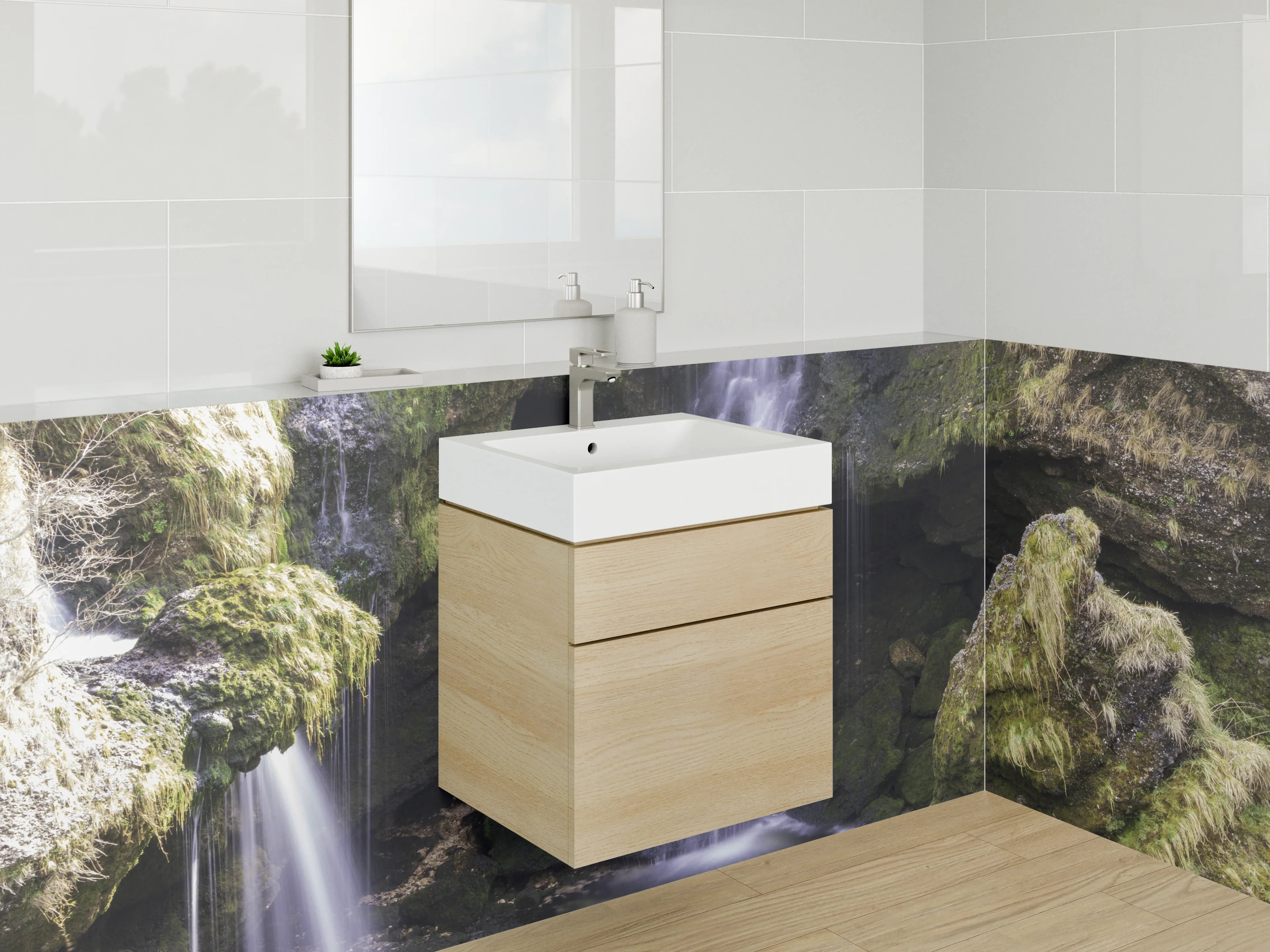 Waschbecken-Rückwand - Silberne Wasserflut im Nebelwald