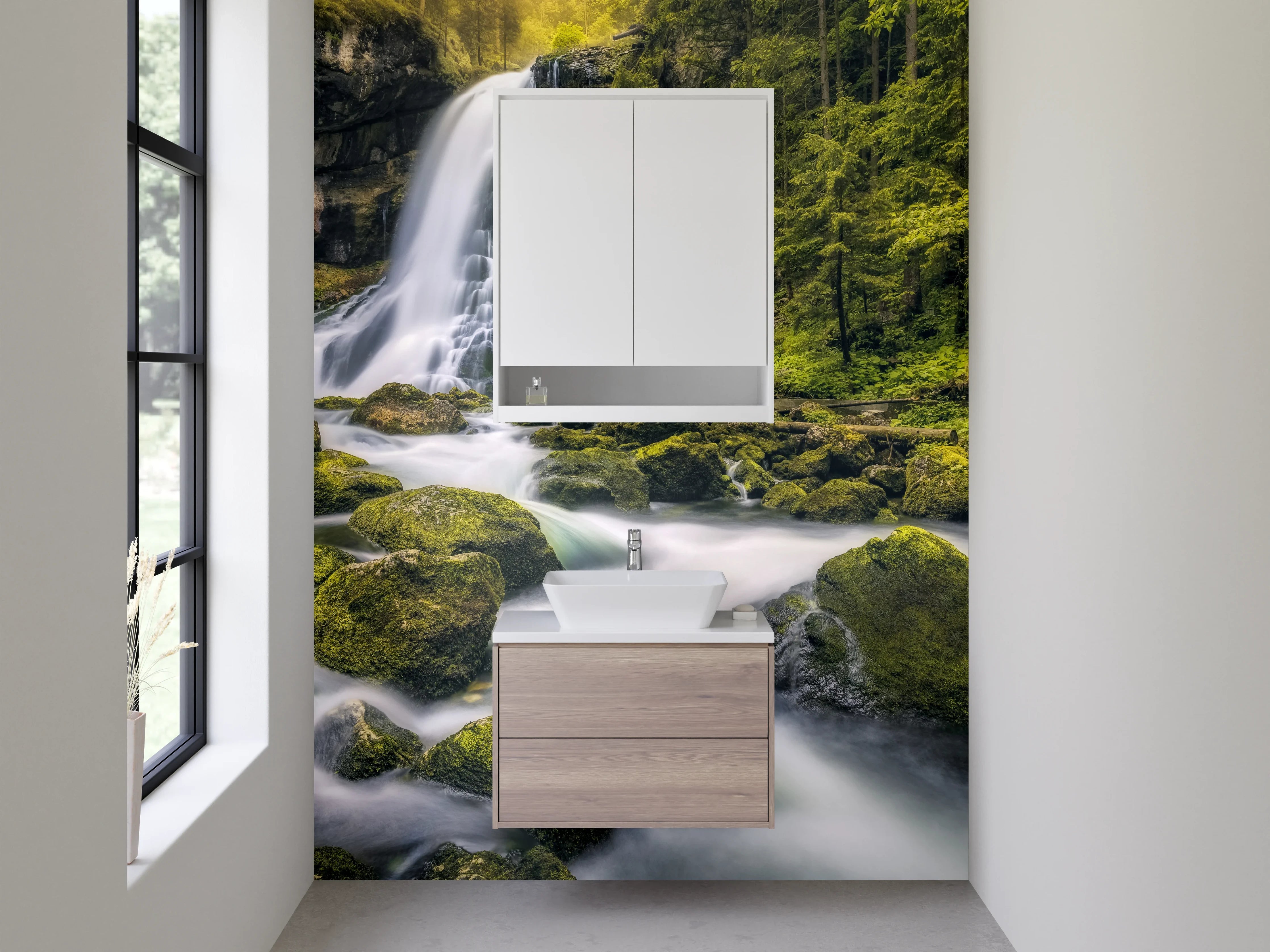 Waschbecken-Rückwand - Silberne Wasserströme im Nebelwald