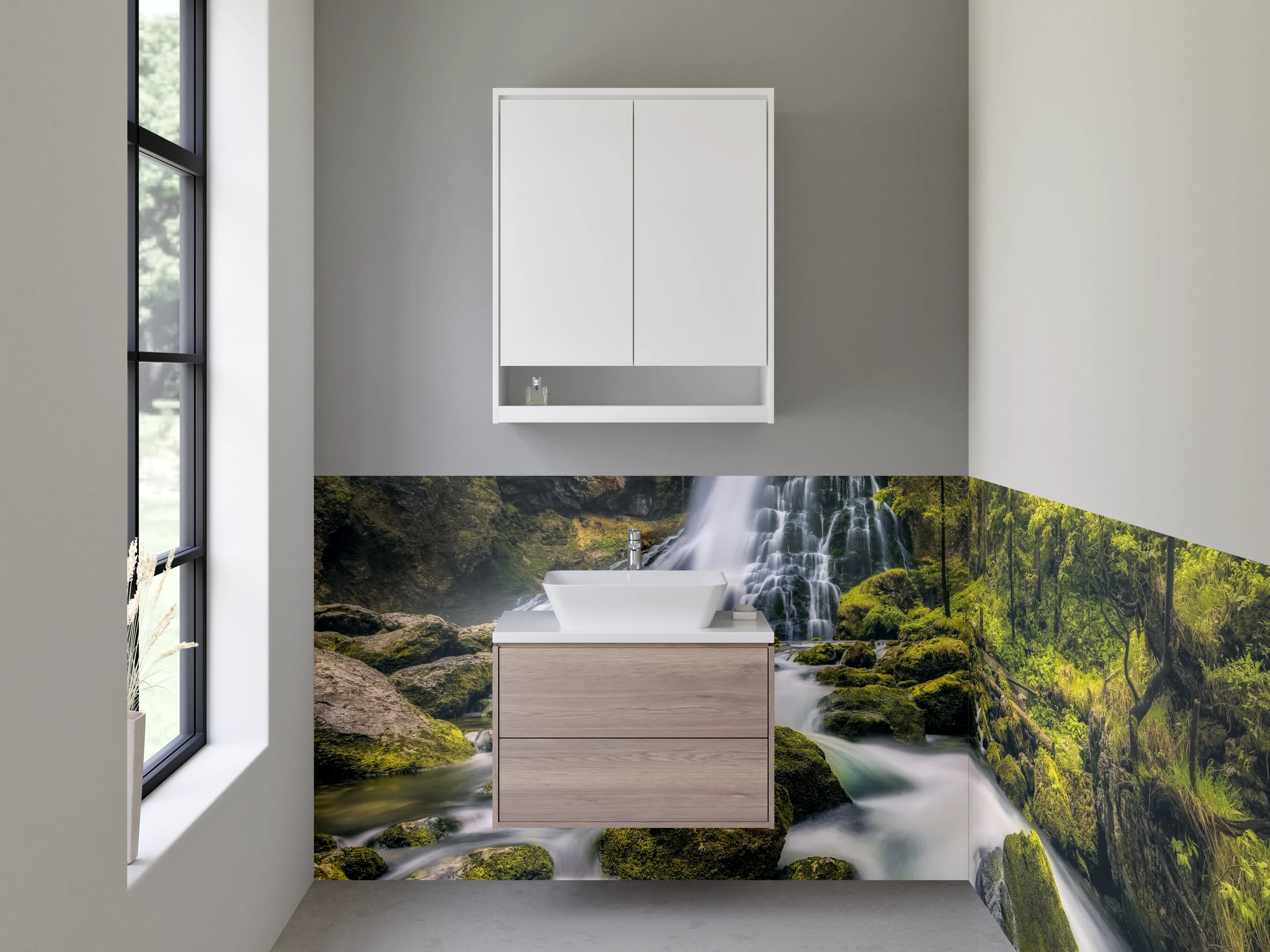 Waschbecken-Rückwand - Silberne Wasserströme im Nebelwald