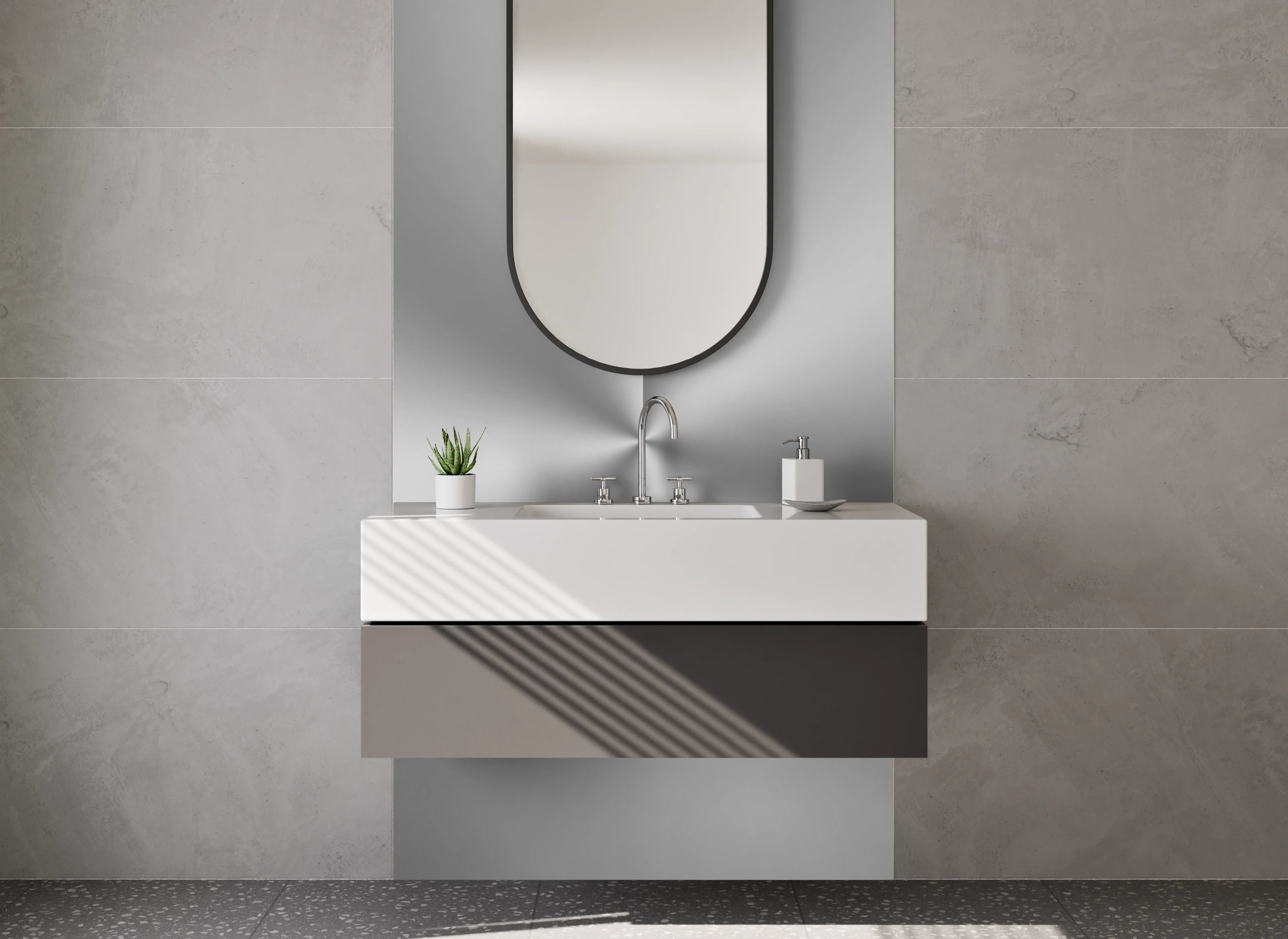 Waschbecken-Rückwand - Silberner Metallic-Glanz mit Schwarz-Weiß-Effekt