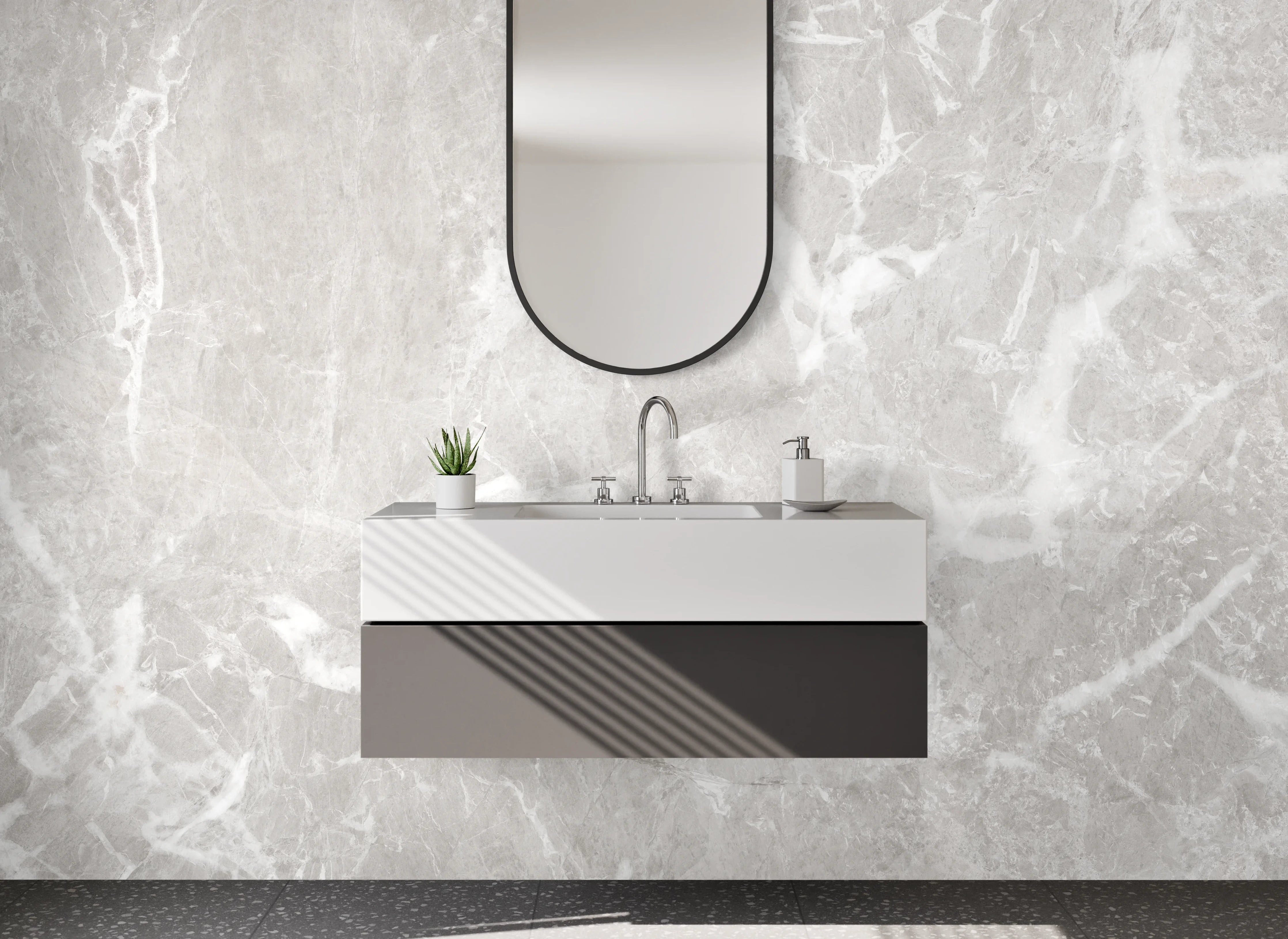 Waschbecken-Rückwand - Silbriger Marmor-Print