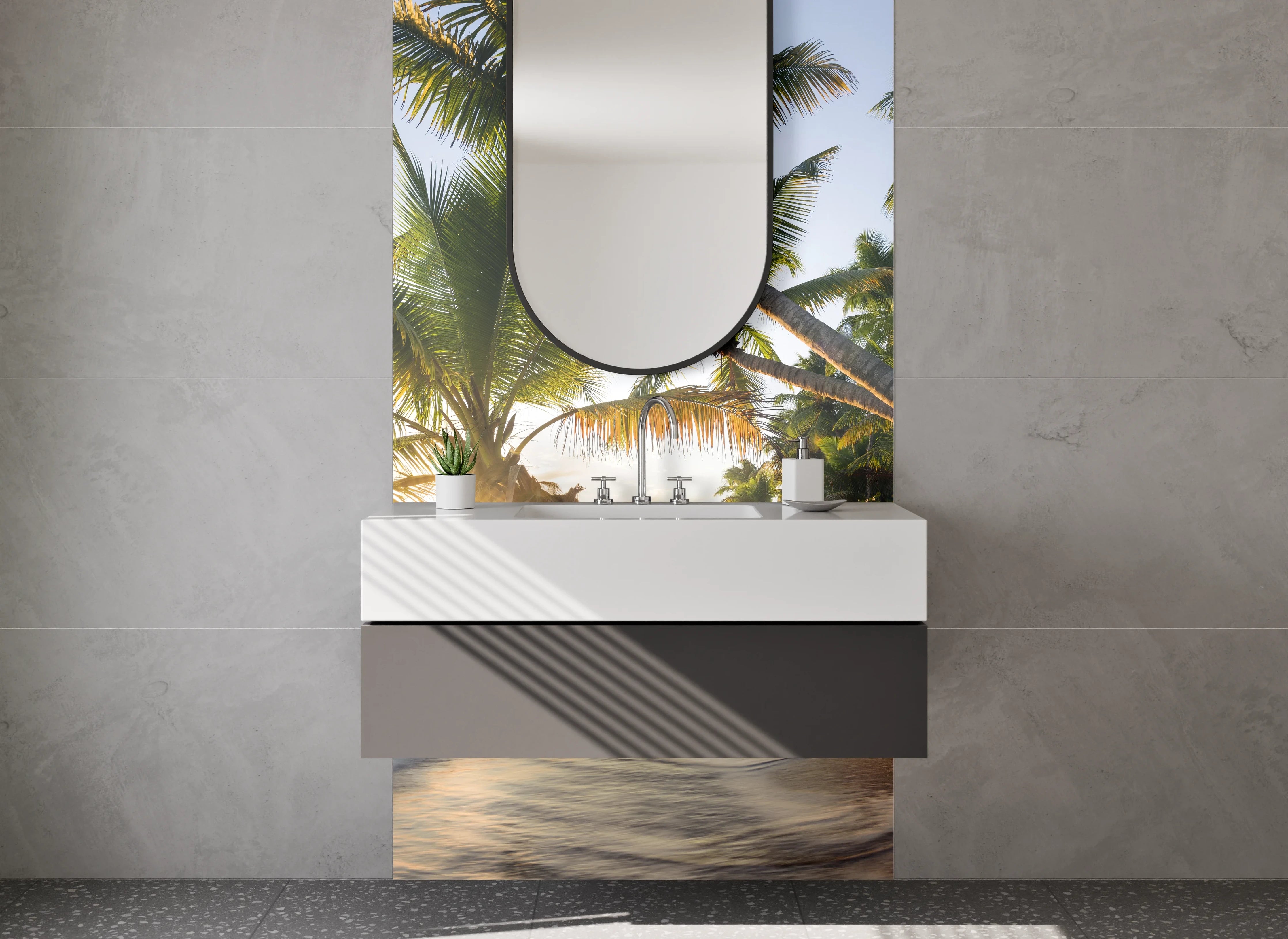 Waschbecken-Rückwand - Silbriger Sonnenuntergang am Strand