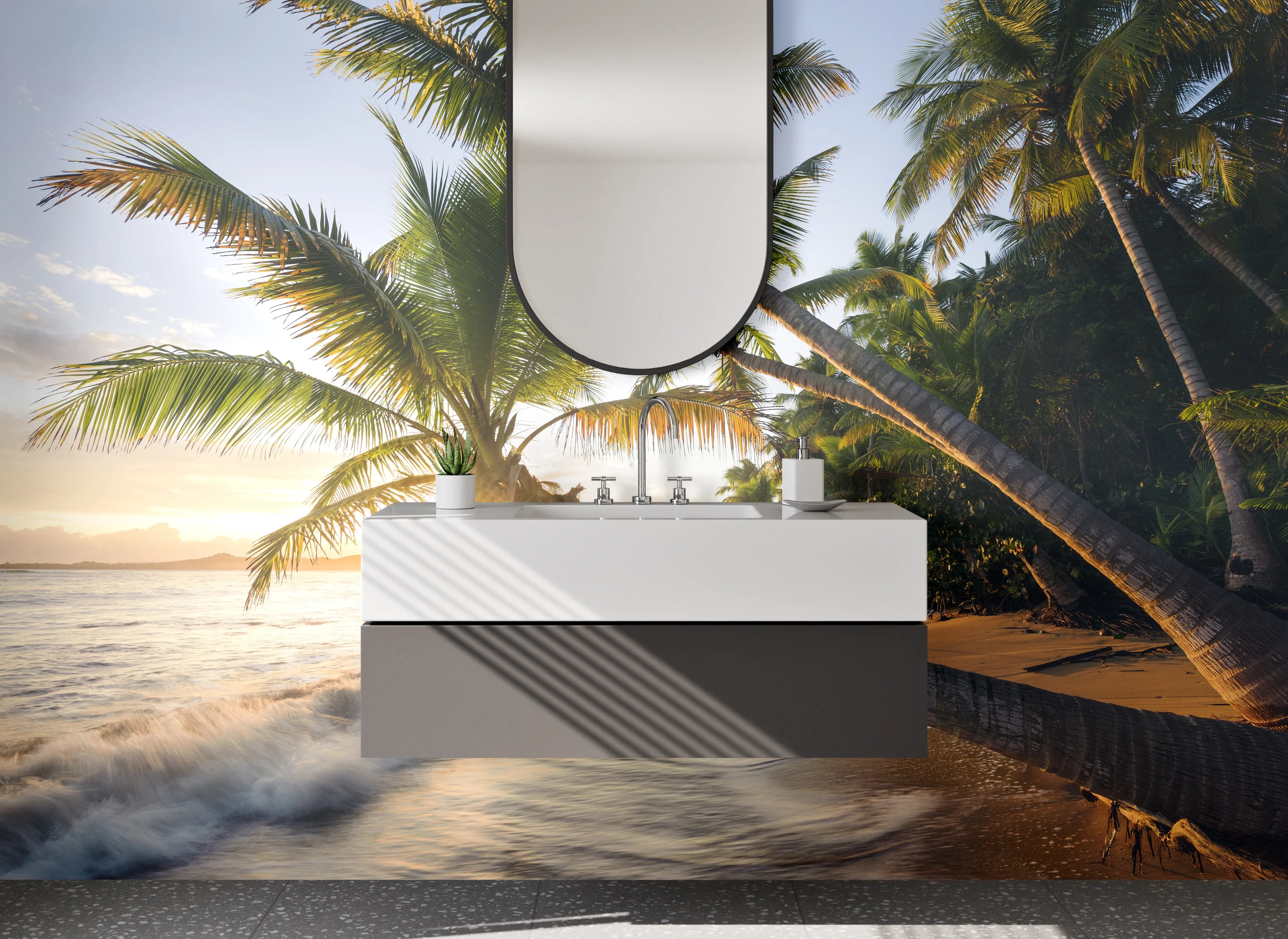 Waschbecken-Rückwand - Silbriger Sonnenuntergang am Strand