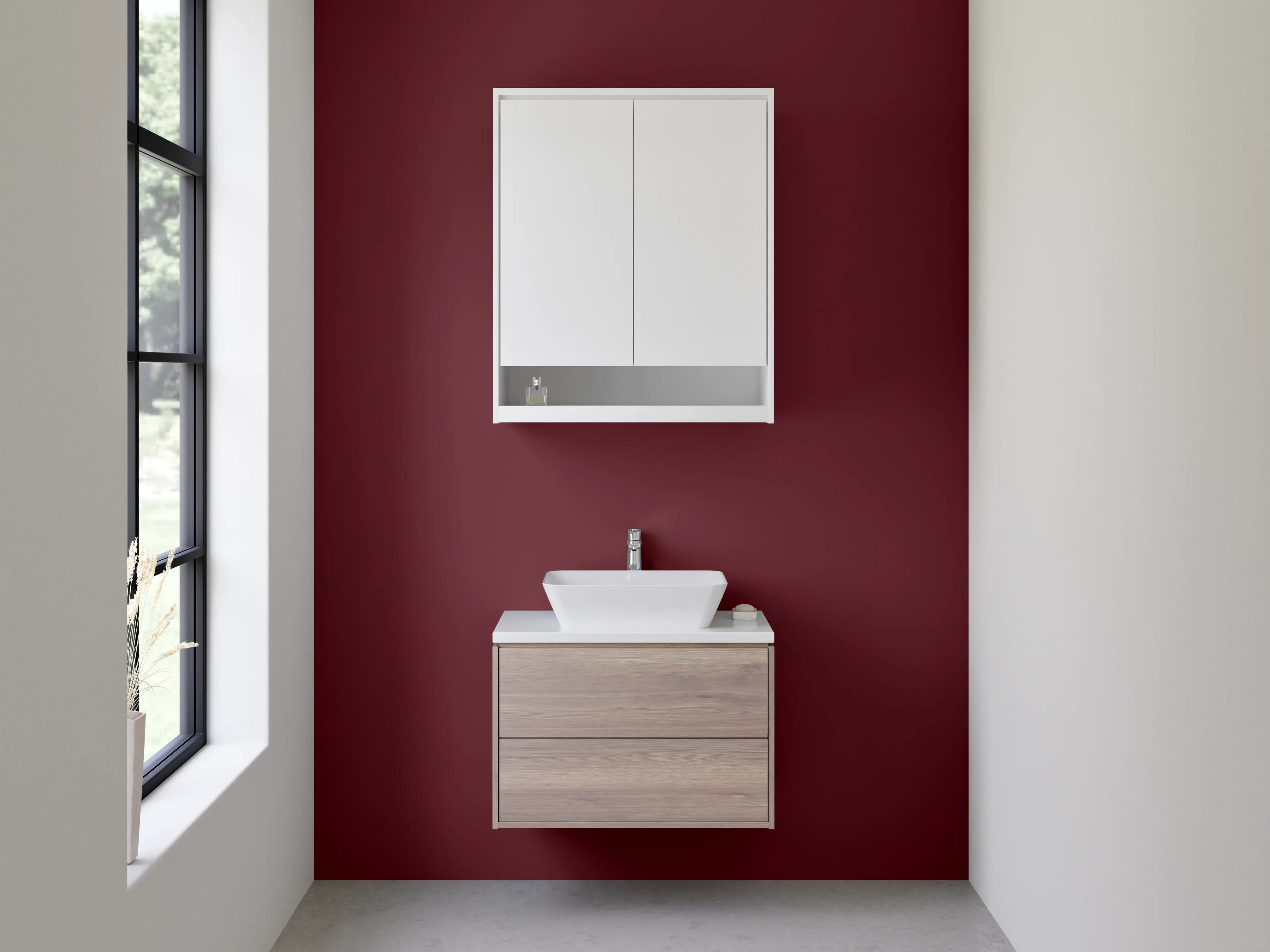 Waschbecken-Rückwand - Silbriges Nebelrot auf Weiß