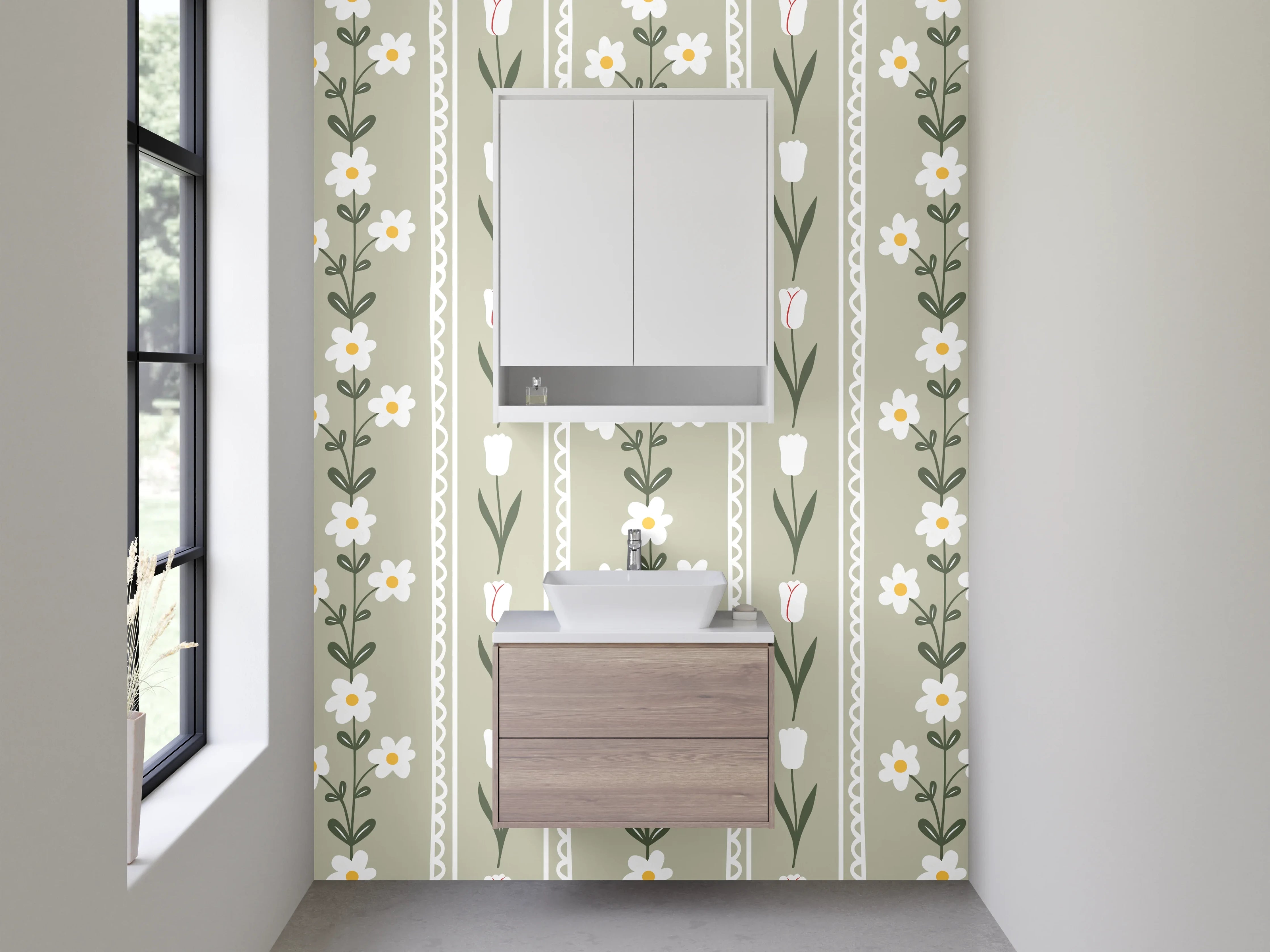 Waschbecken-Rückwand - Skandinavisches Blümchenmuster in Beige Weiß