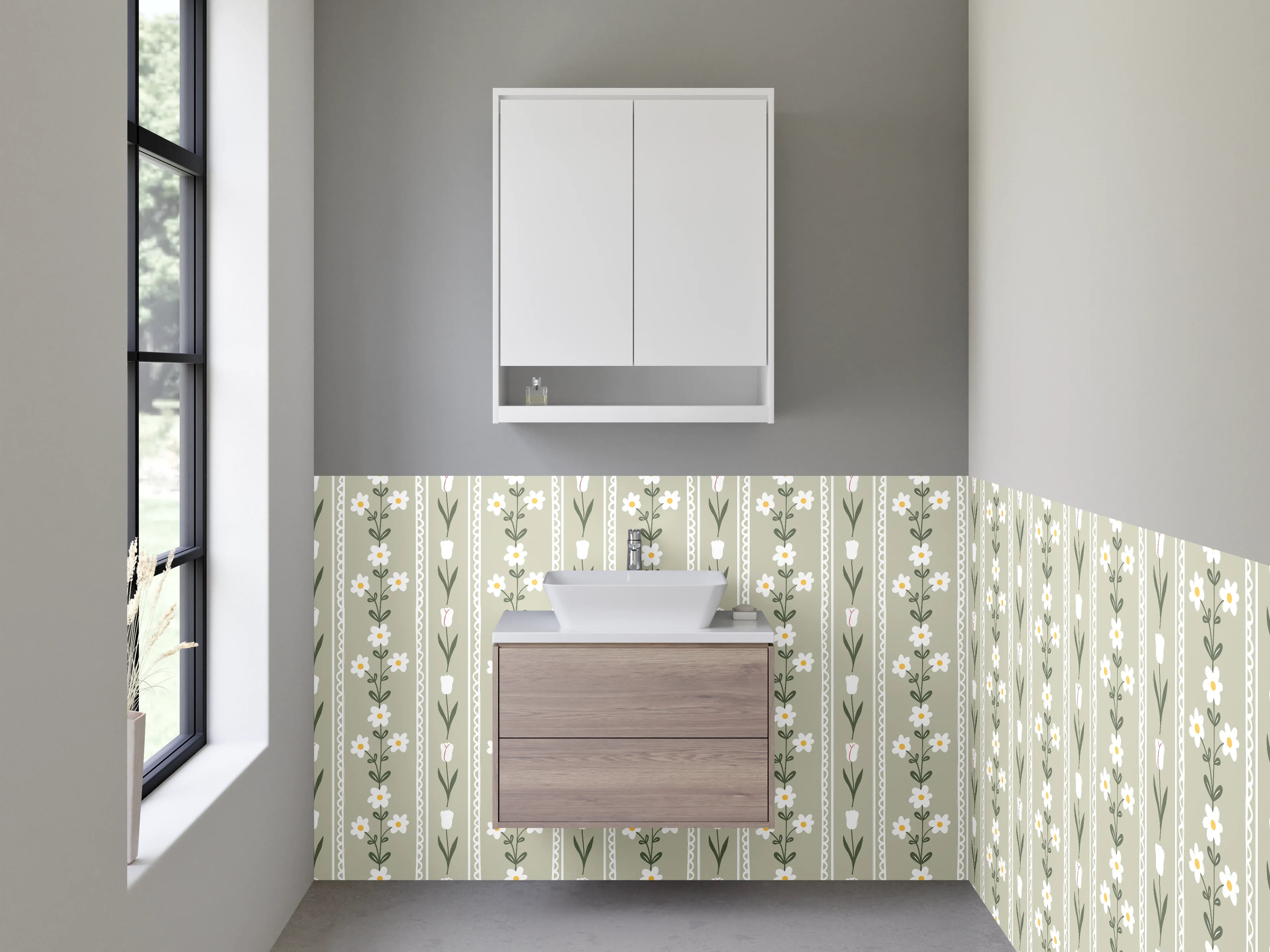 Waschbecken-Rückwand - Skandinavisches Blümchenmuster in Beige Weiß