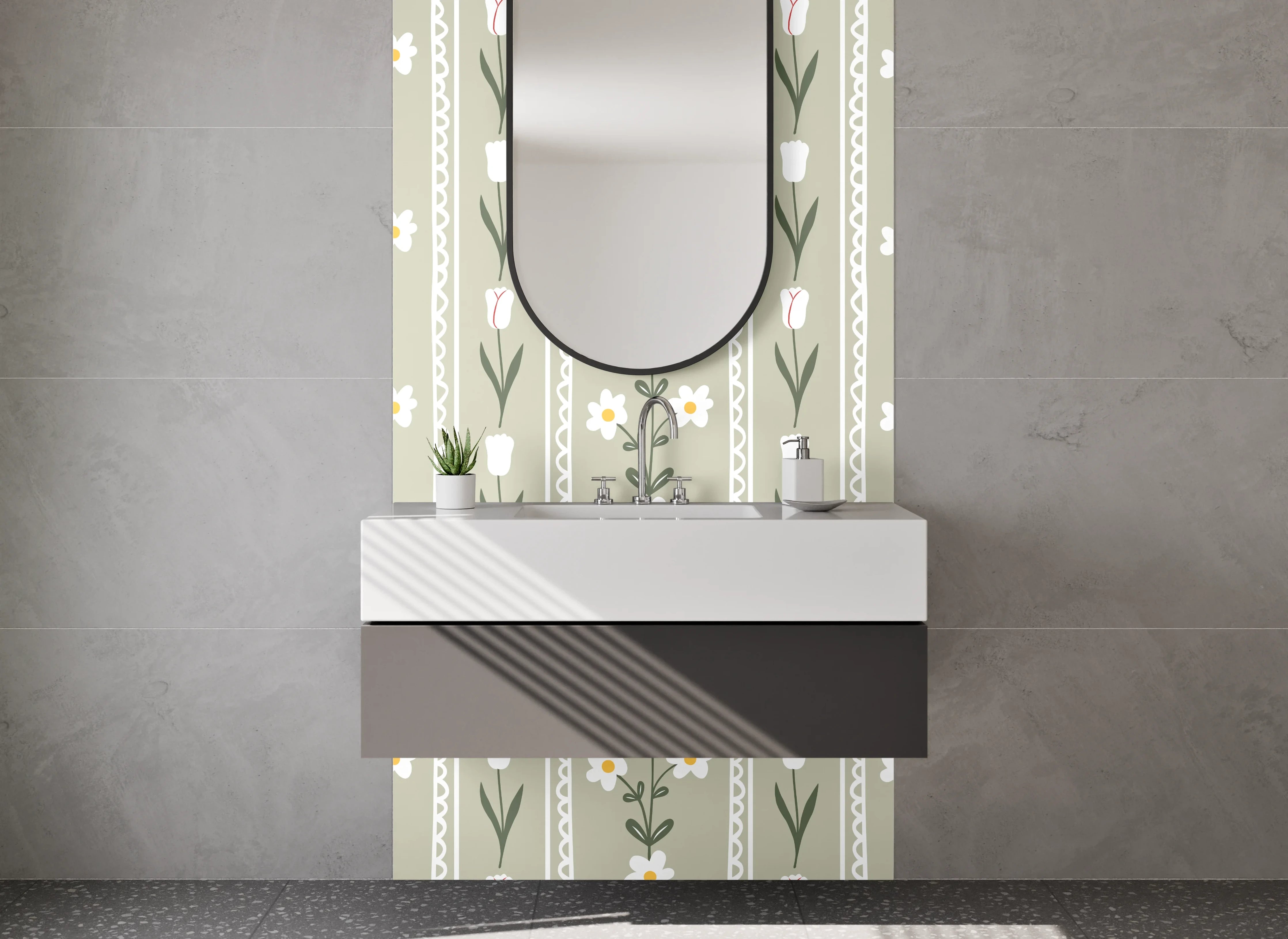 Waschbecken-Rückwand - Skandinavisches Blümchenmuster in Beige Weiß
