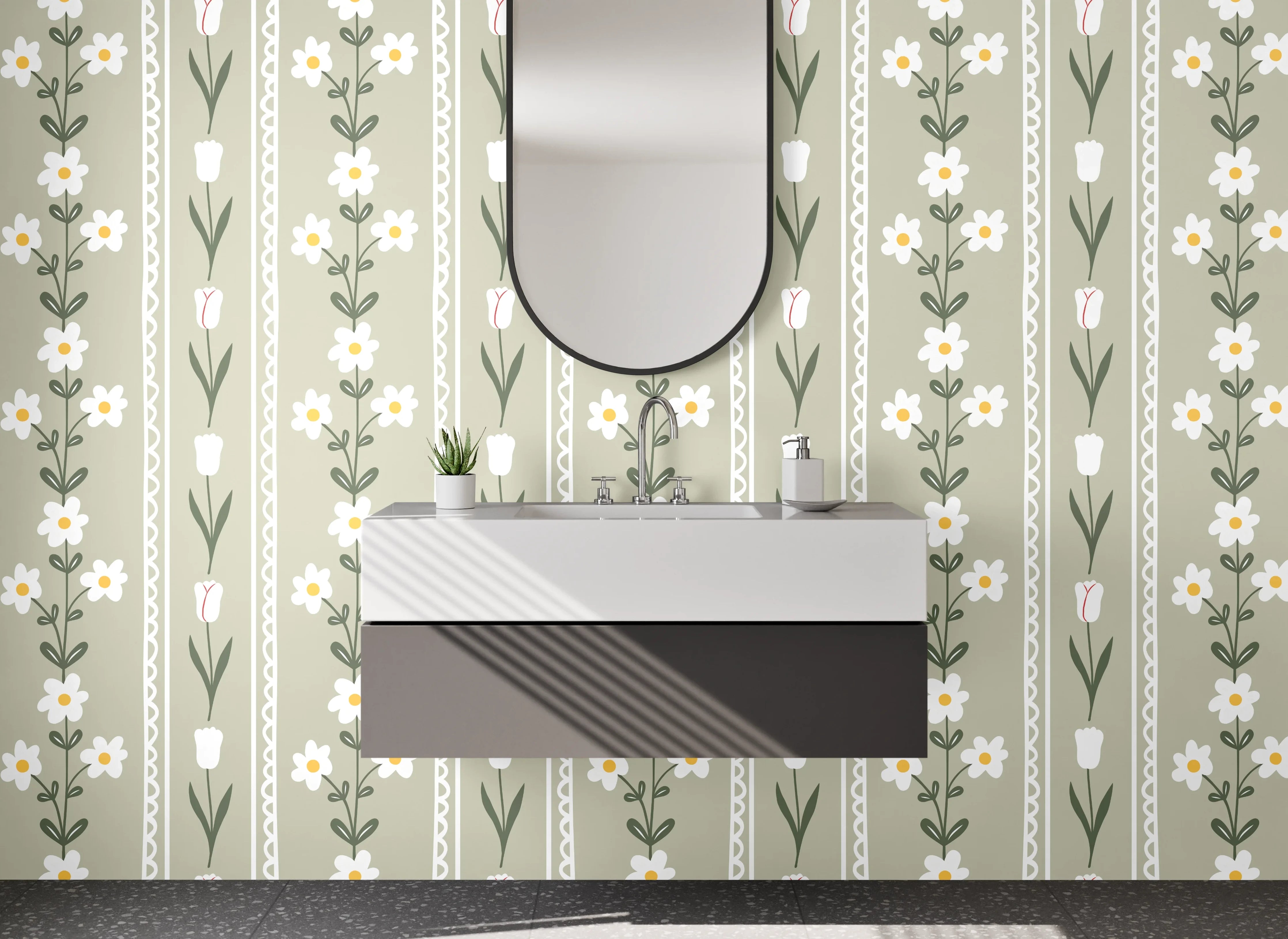 Waschbecken-Rückwand - Skandinavisches Blümchenmuster in Beige Weiß