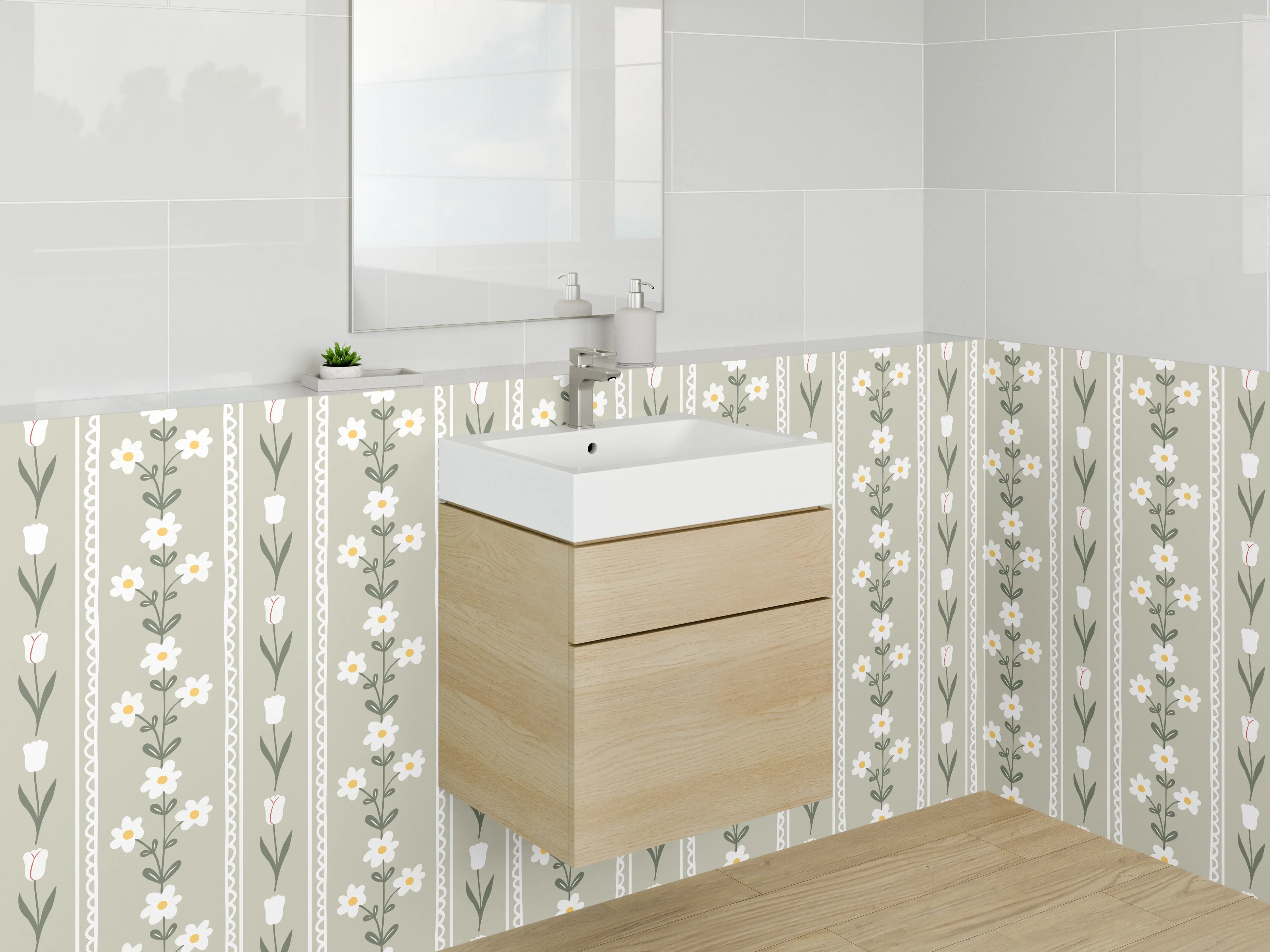 Waschbecken-Rückwand - Skandinavisches Blümchenmuster in Beige Weiß