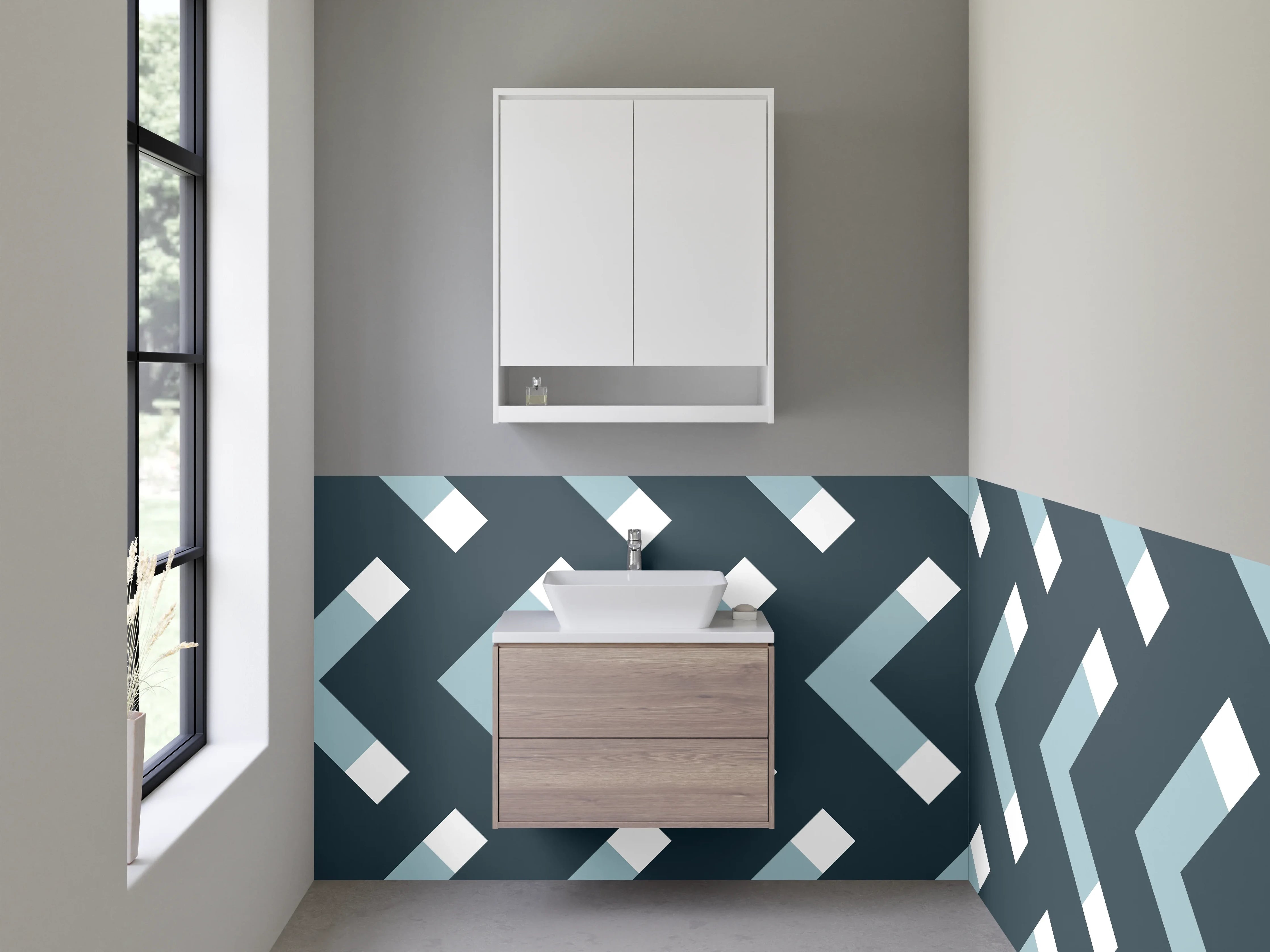 Waschbecken-Rückwand - Skandinavisches Chevron-Muster Blau Weiß