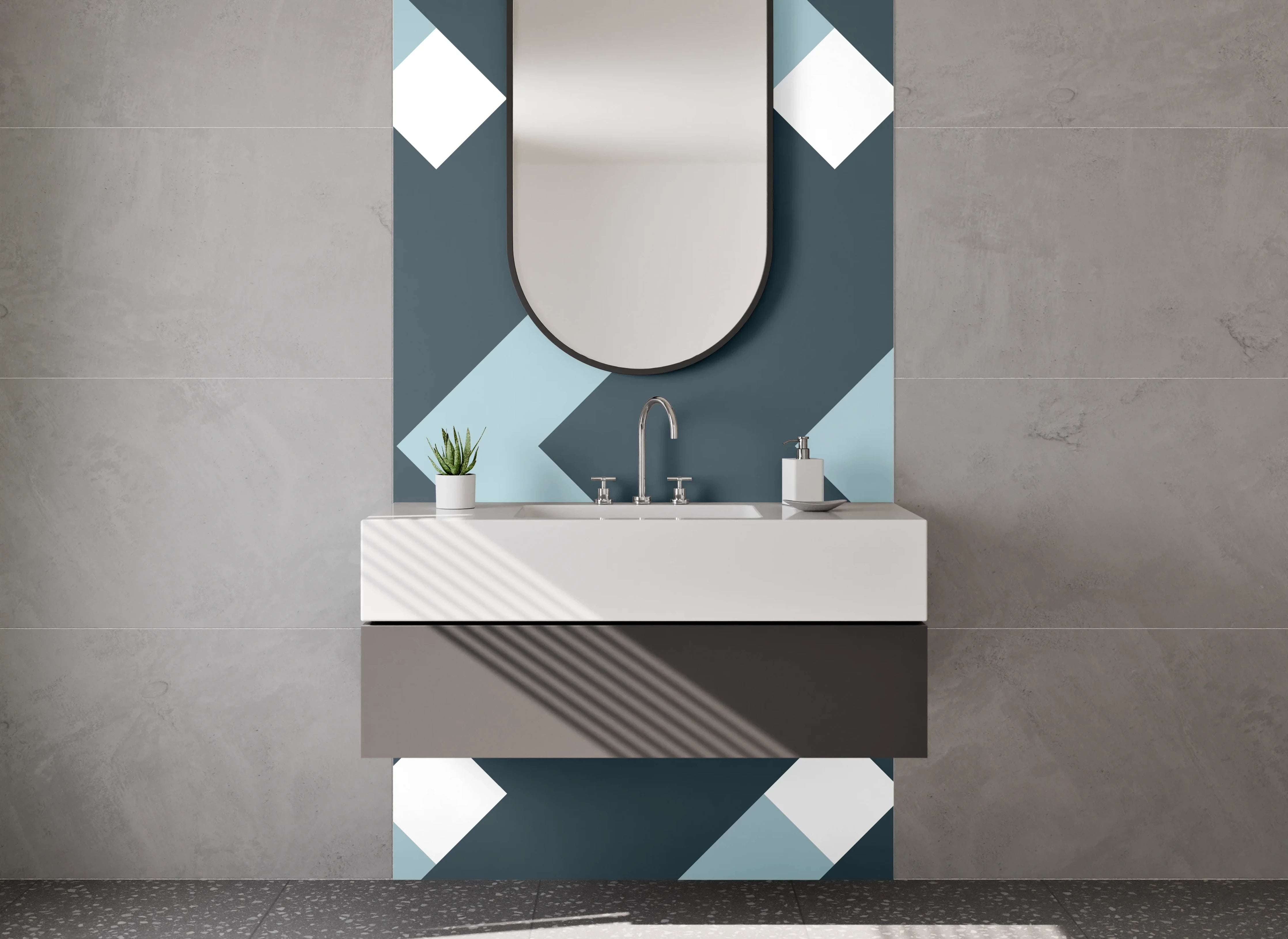 Waschbecken-Rückwand - Skandinavisches Chevron-Muster Blau Weiß