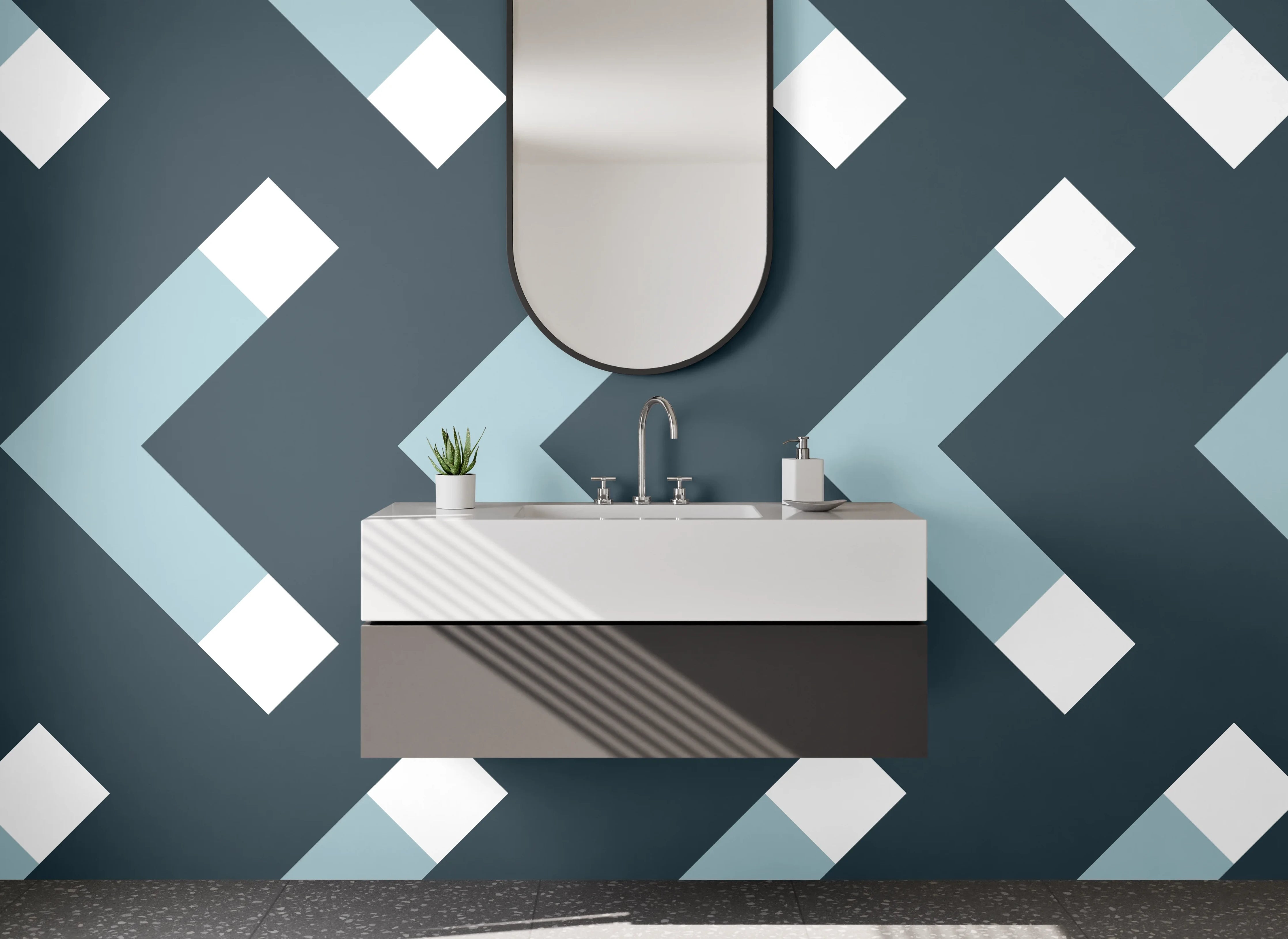 Waschbecken-Rückwand - Skandinavisches Chevron-Muster Blau Weiß