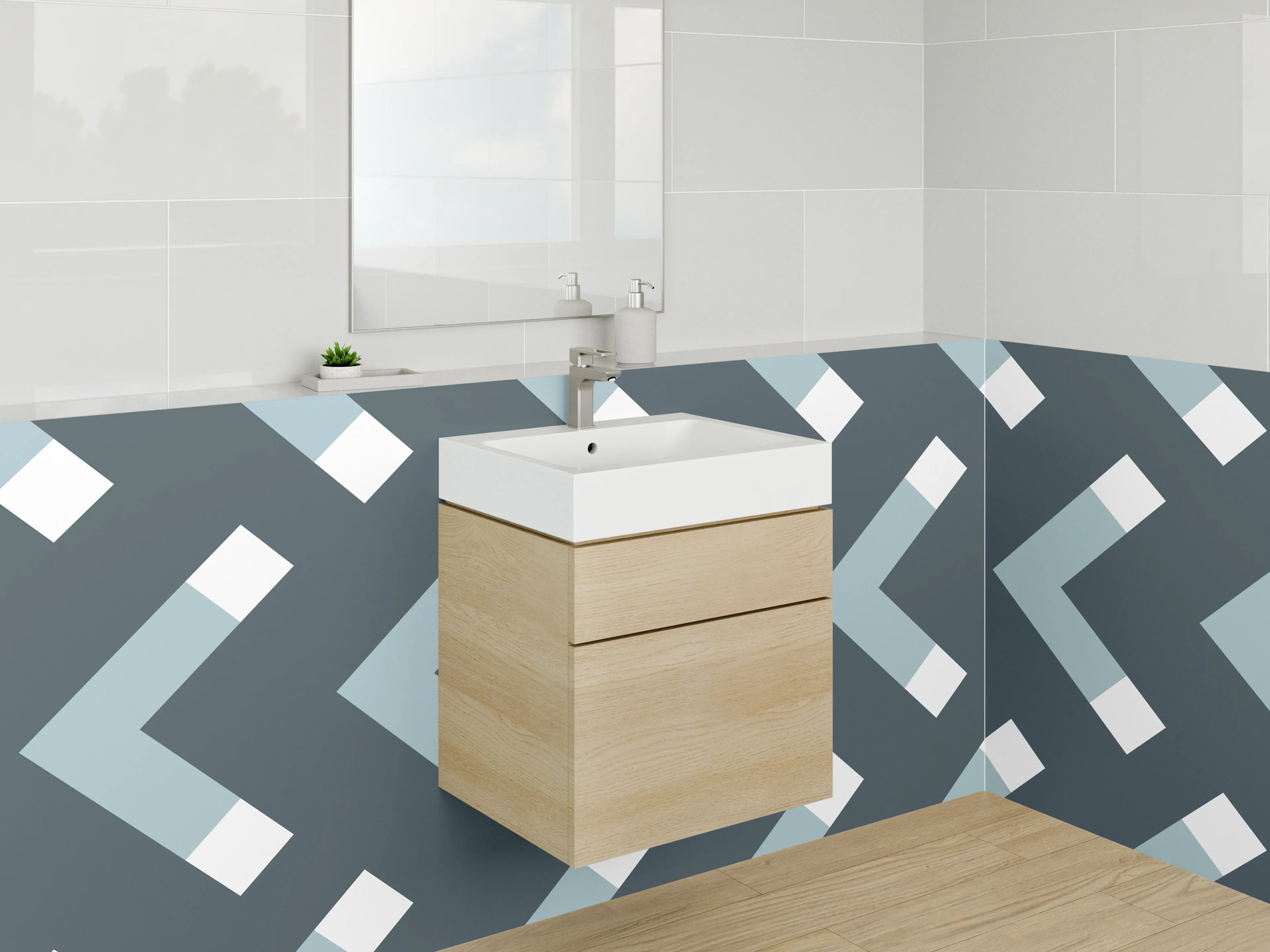 Waschbecken-Rückwand - Skandinavisches Chevron-Muster Blau Weiß