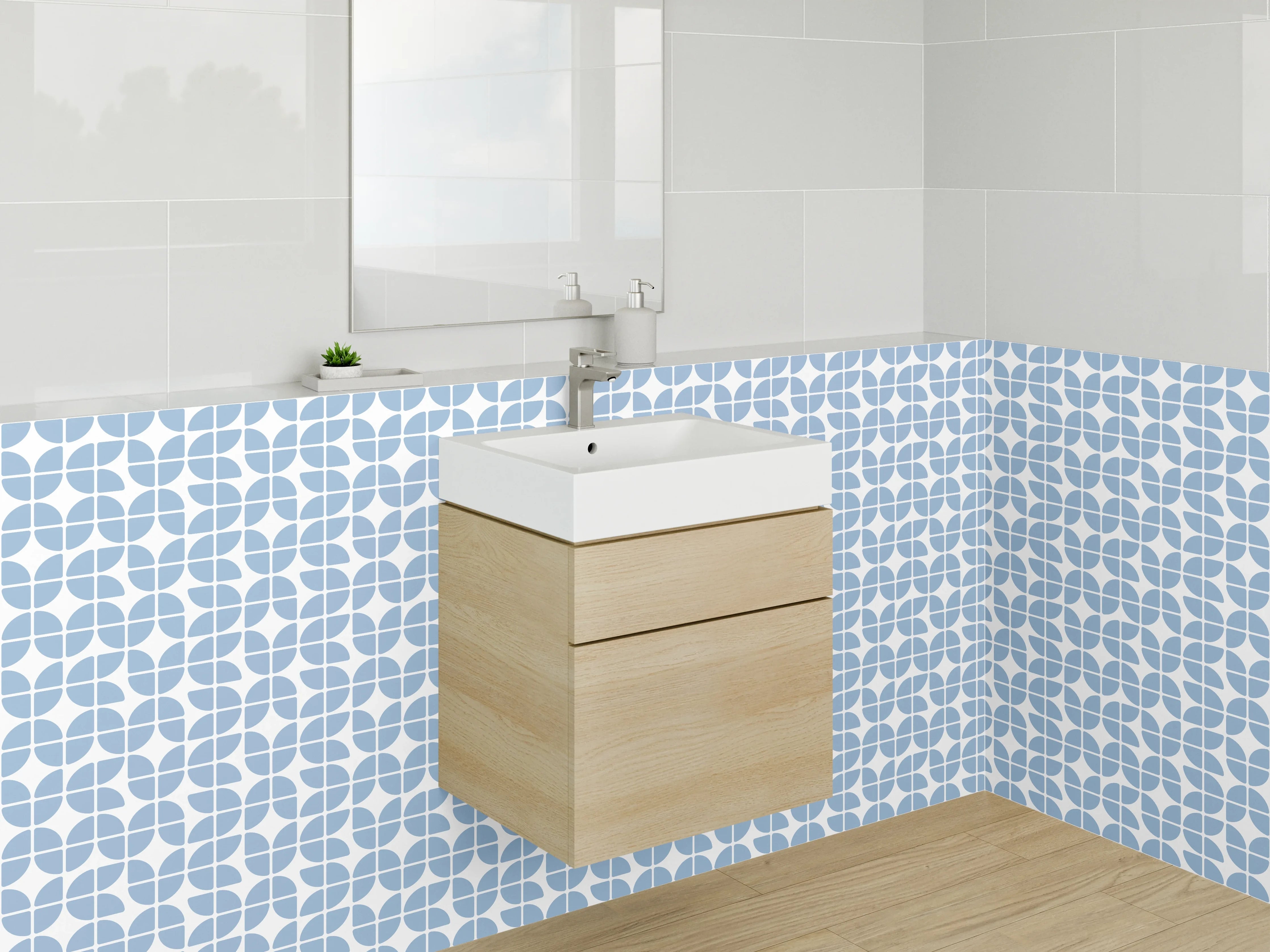 Waschbecken-Rückwand - Skandinavisches Kreismuster in Blau und Weiß