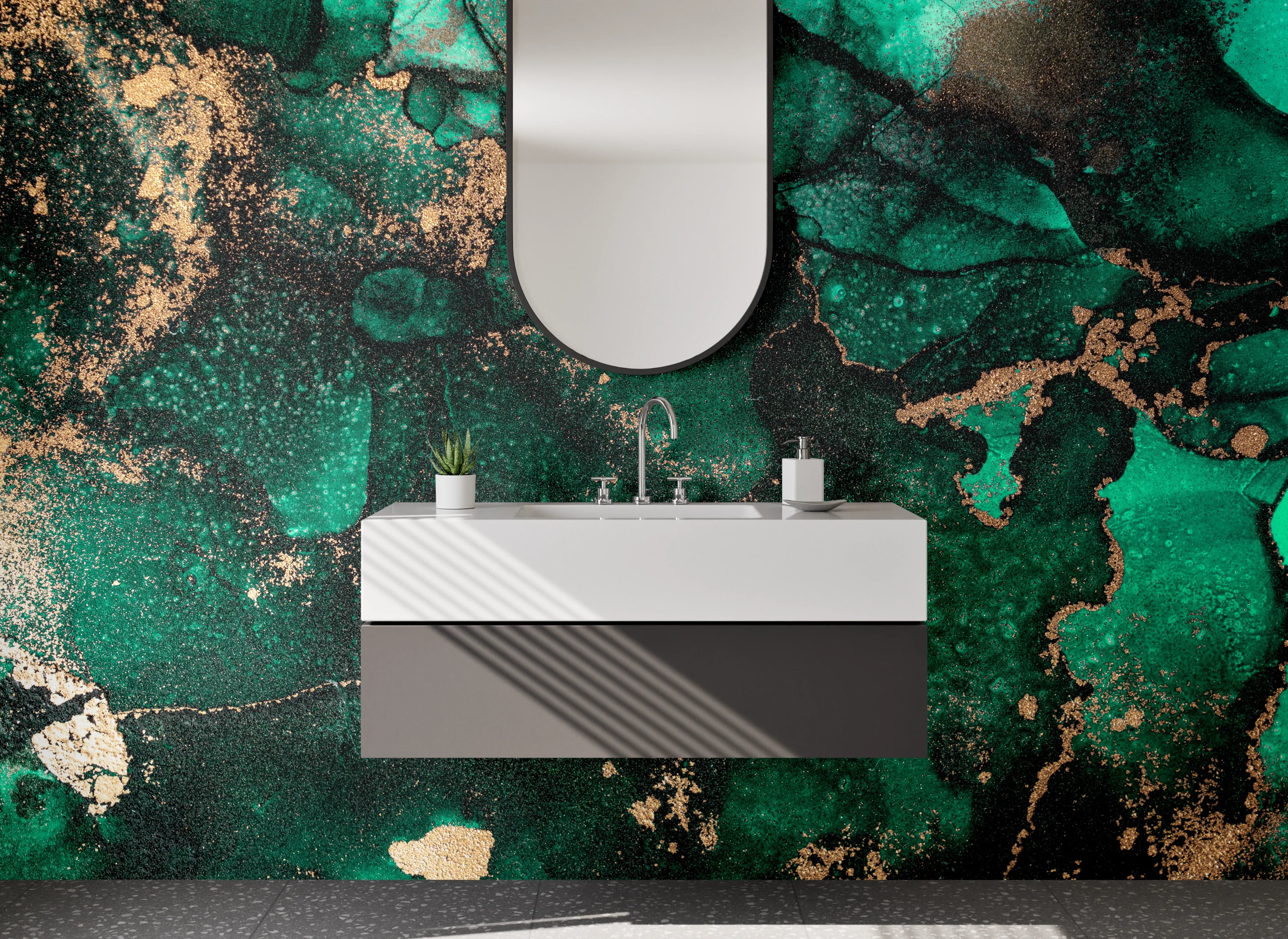 Waschbecken-Rückwand - Smaragdgrüne Marmor-Optik mit Gold-Akzenten
