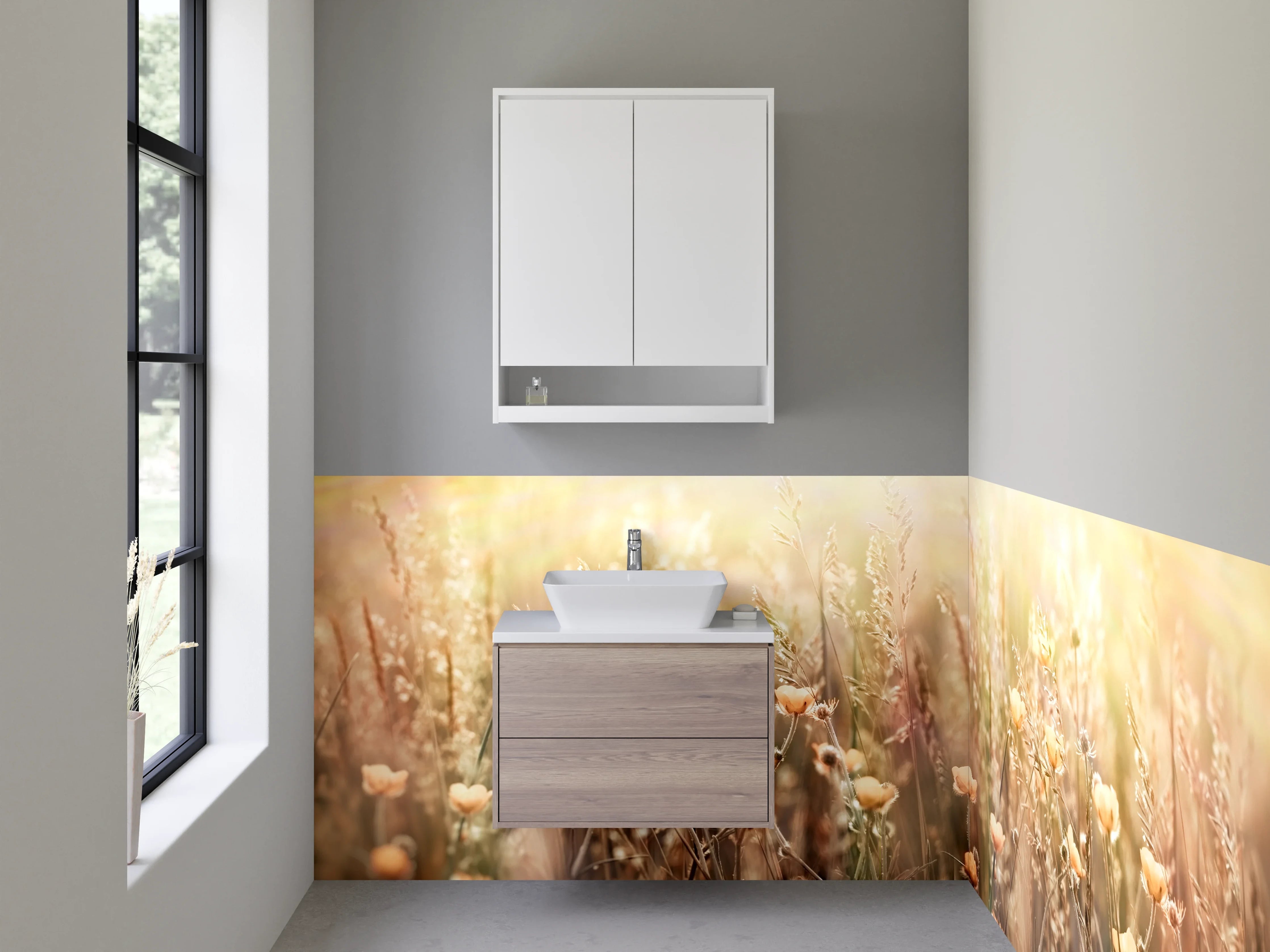 Waschbecken-Rückwand - Sommerliche Blumenwiese in sanftem Licht