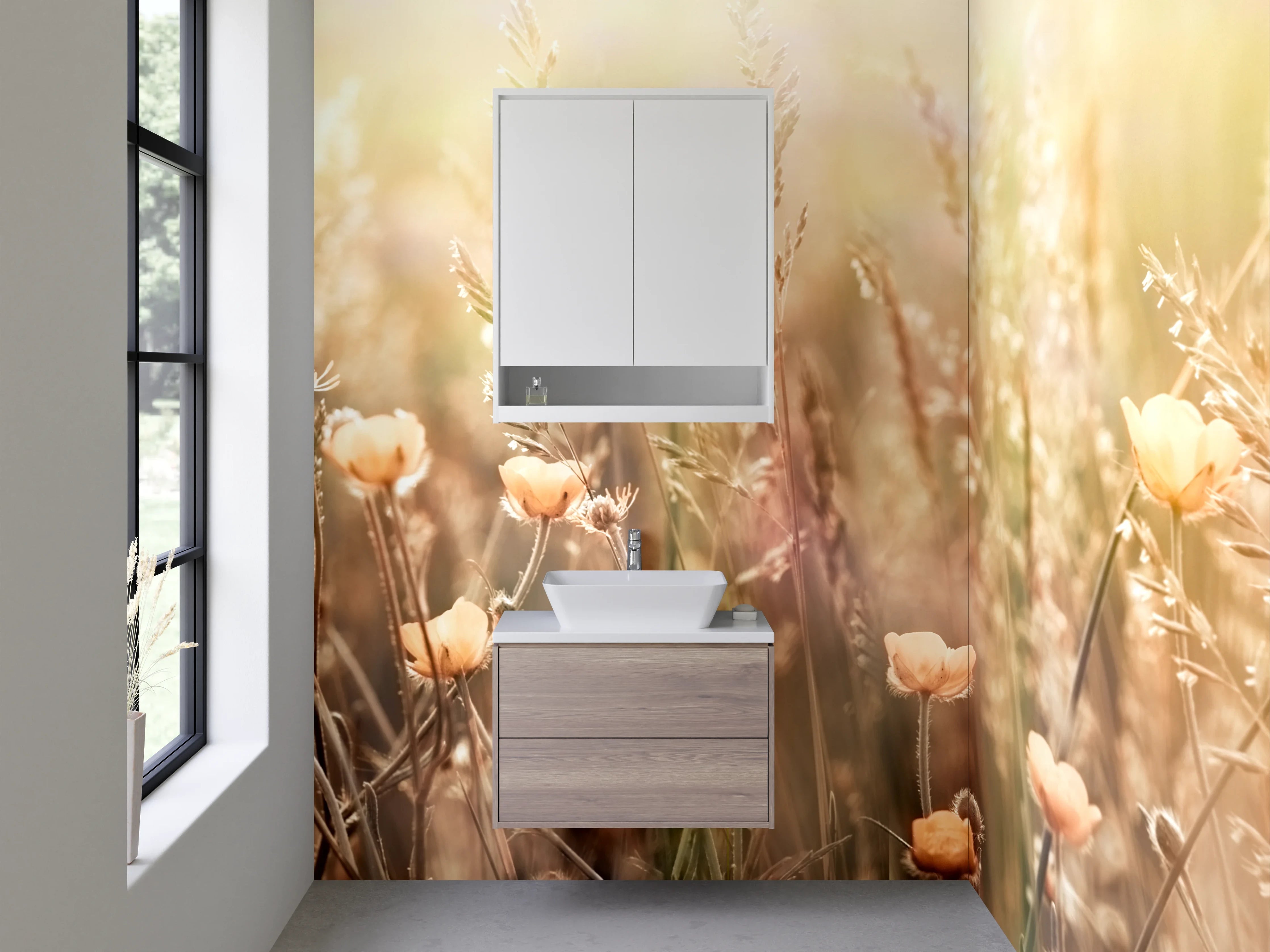 Waschbecken-Rückwand - Sommerliche Blumenwiese in sanftem Licht