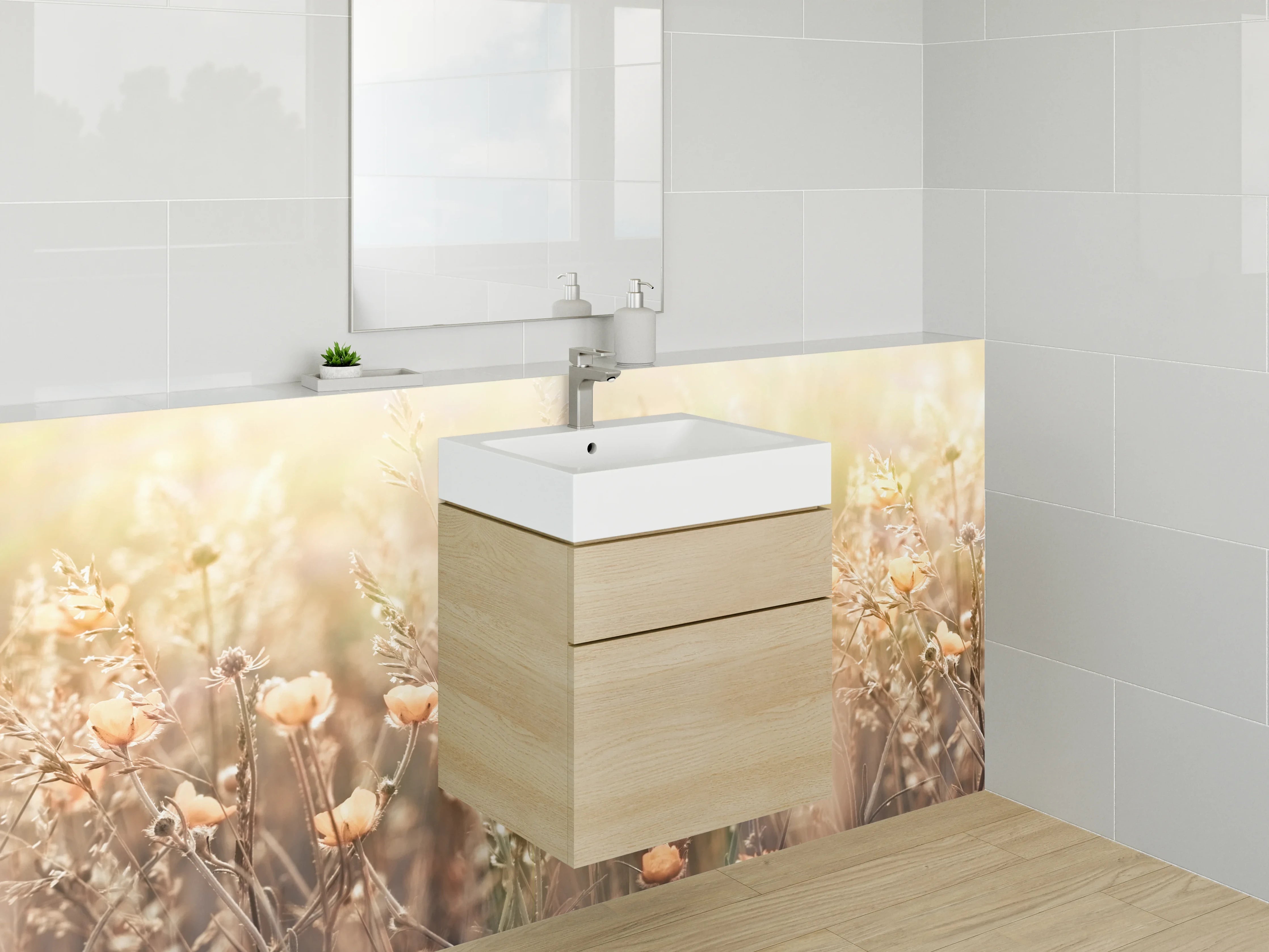 Waschbecken-Rückwand - Sommerliche Blumenwiese in sanftem Licht