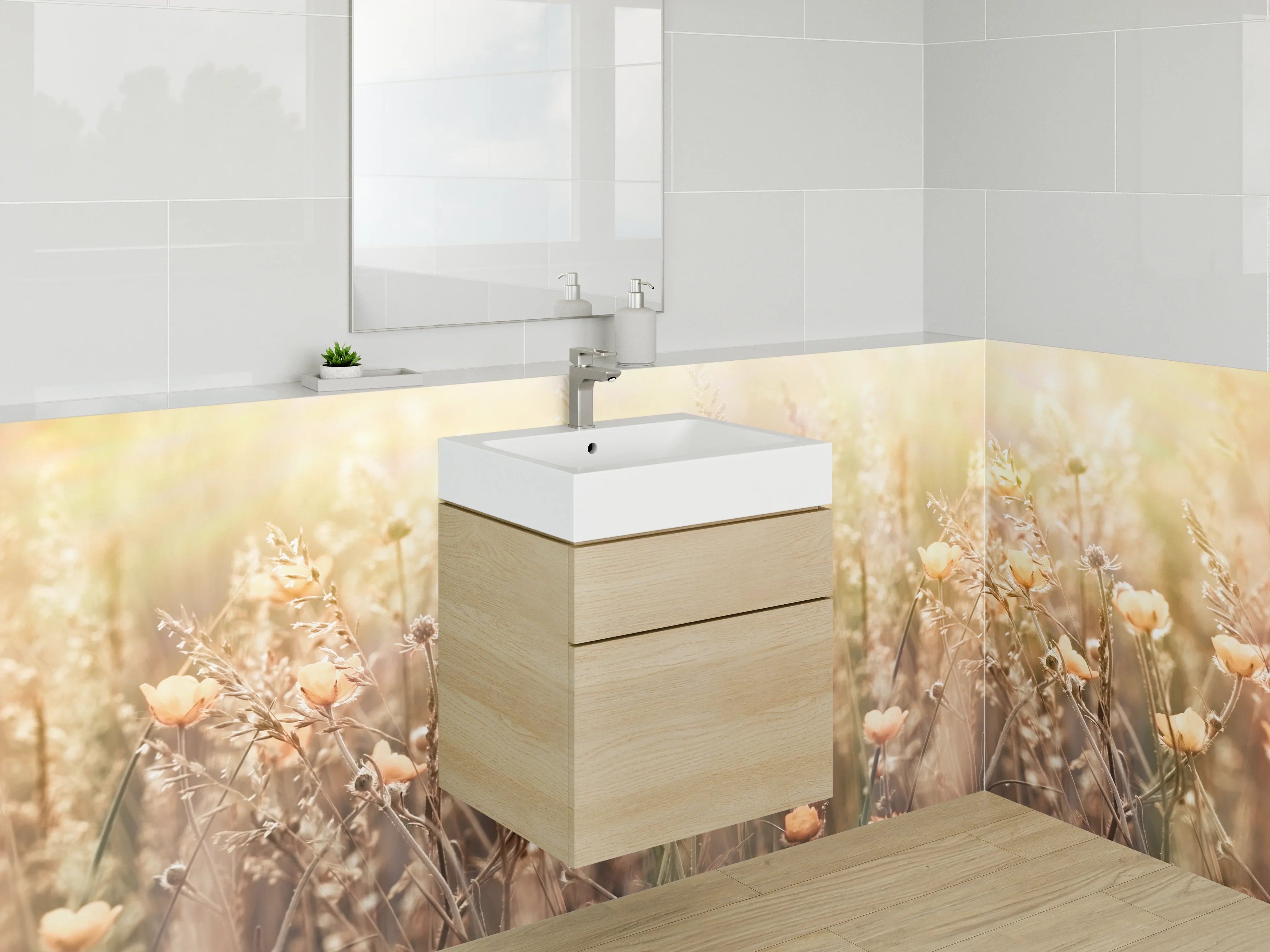 Waschbecken-Rückwand - Sommerliche Blumenwiese in sanftem Licht