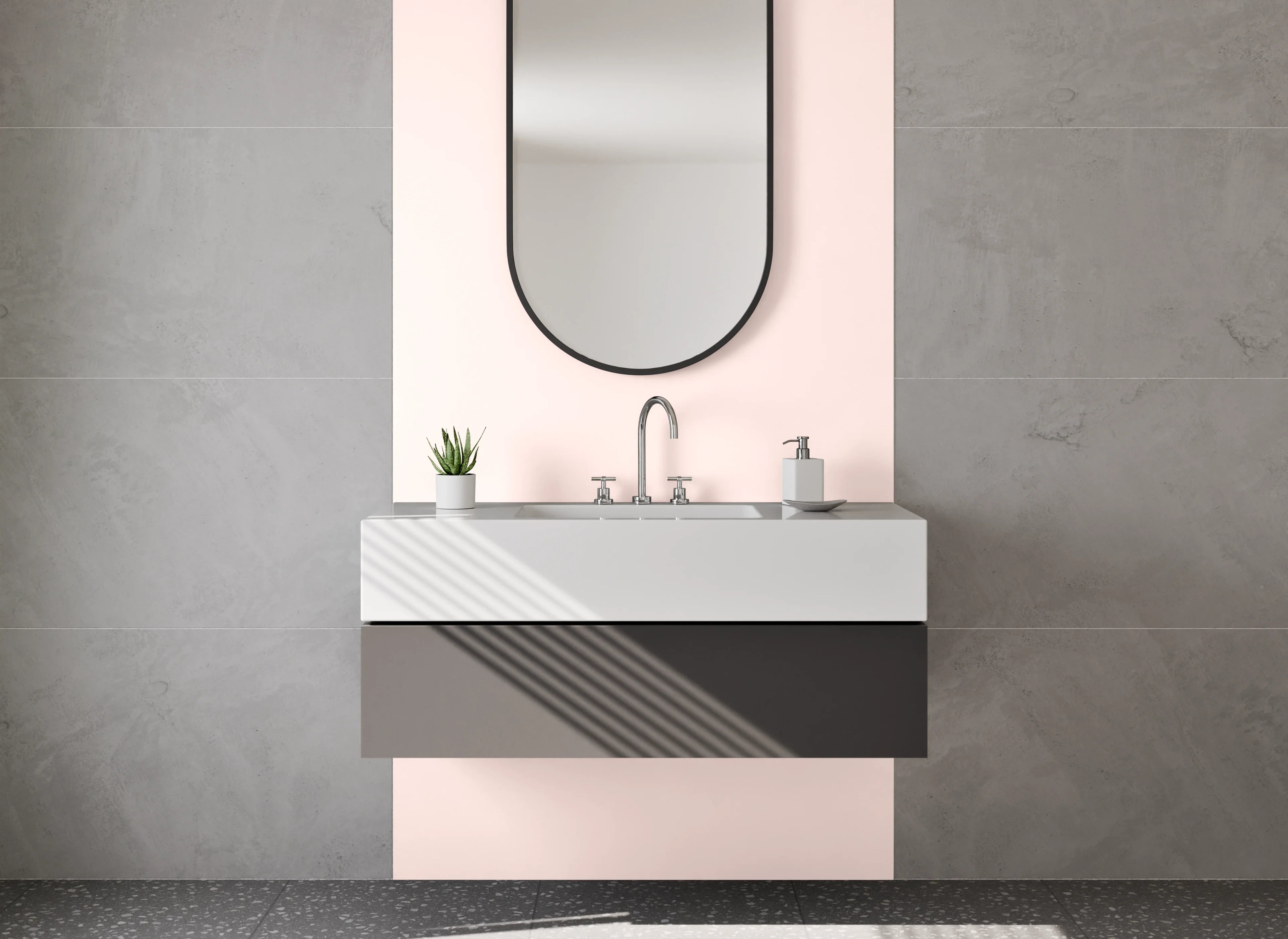 Waschbecken-Rückwand - Sommerliche Palme mit Strohhut auf Rosa